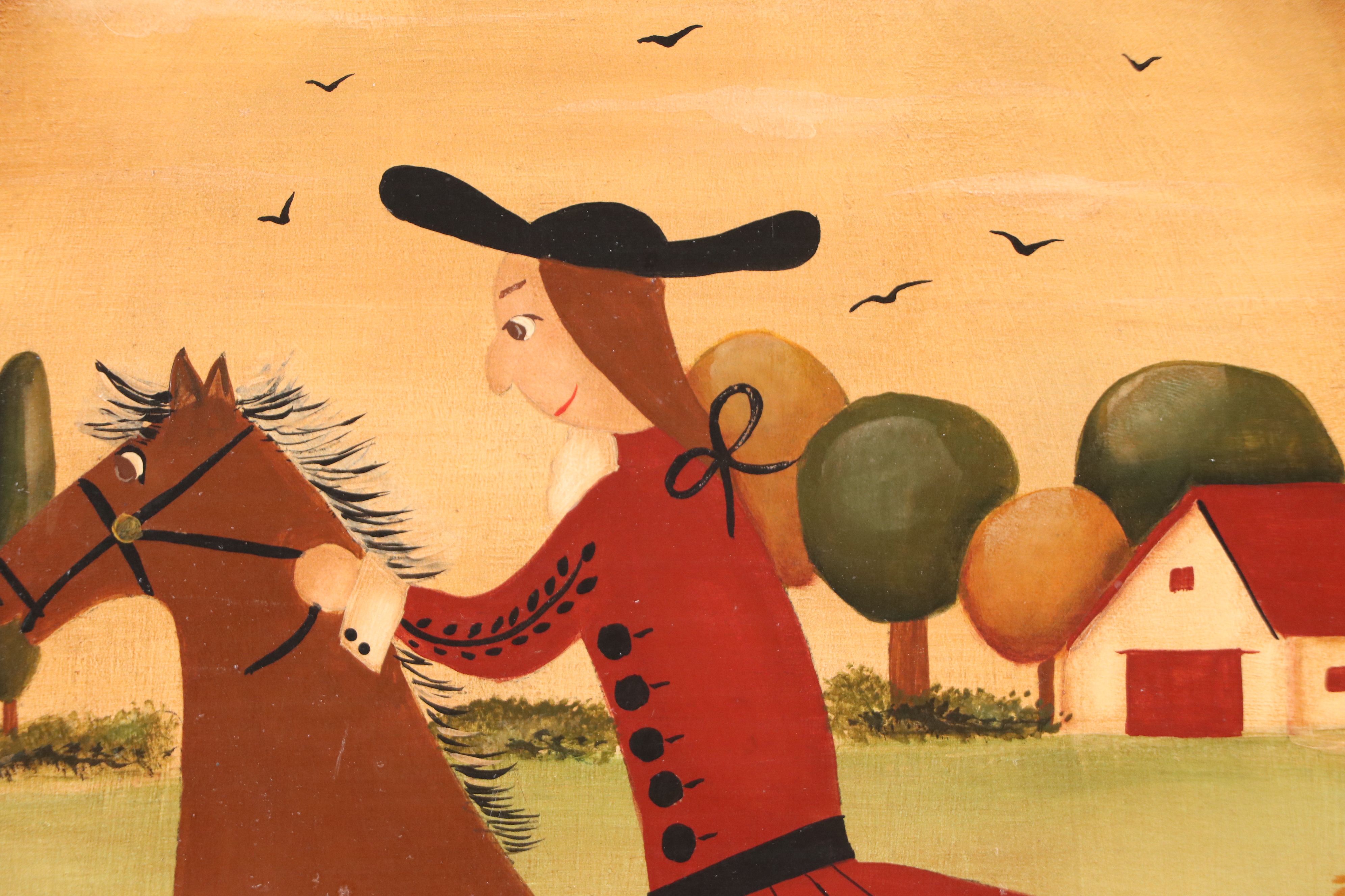 Henny Folk Art Acrylic Painting of Man Riding Horse, 1992