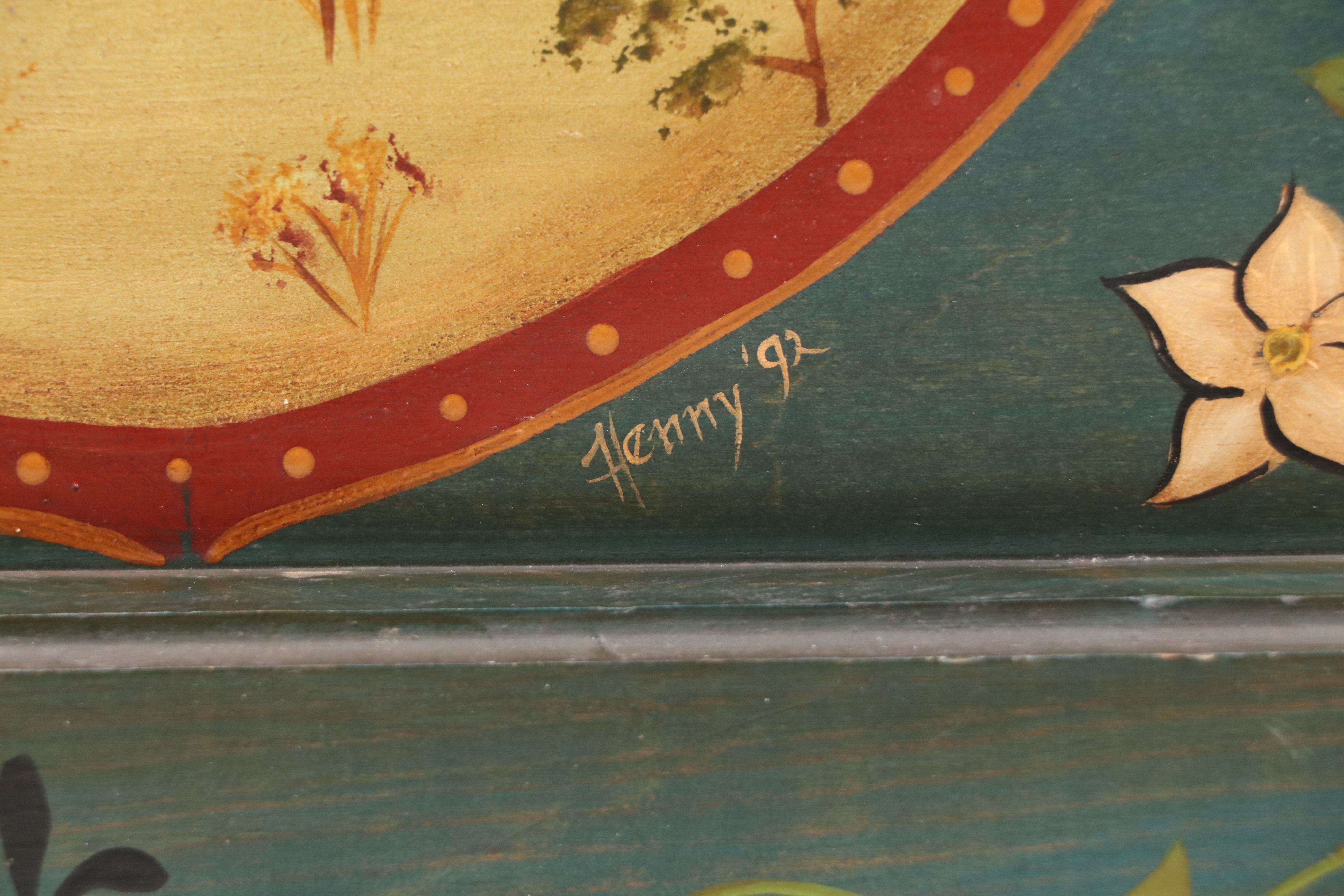 Henny Folk Art Acrylic Painting of Man Riding Horse, 1992