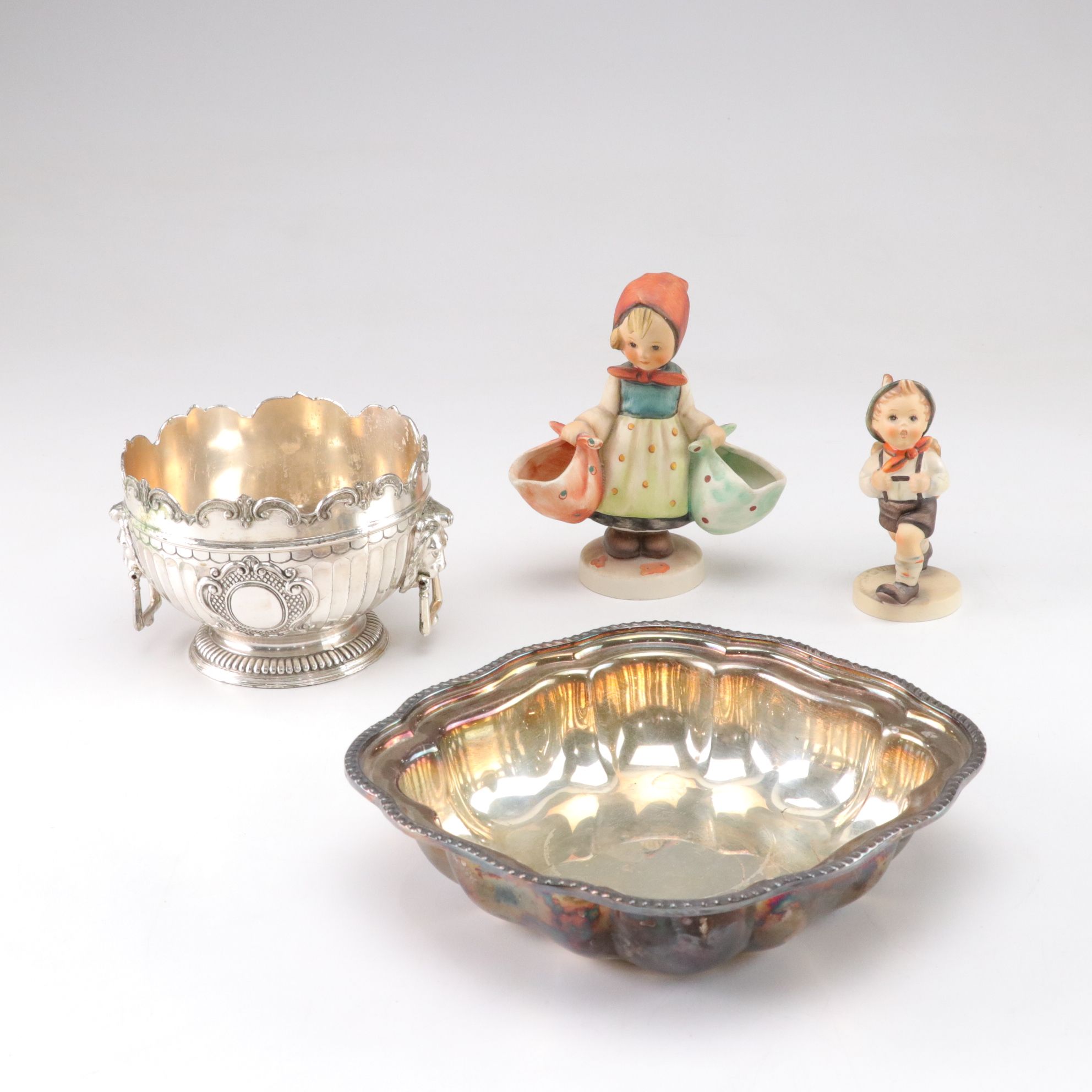 Hummel "School Boy" Figurines with Silver Plate Bowls and More