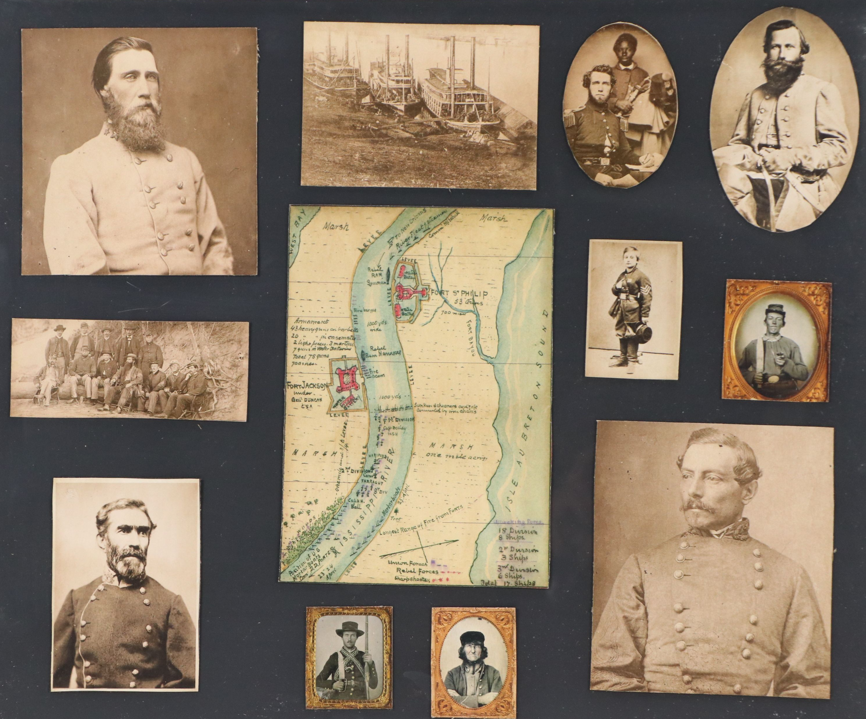 Offset Lithographs of Civil War Era Enlistees and Map of Louisiana Forts