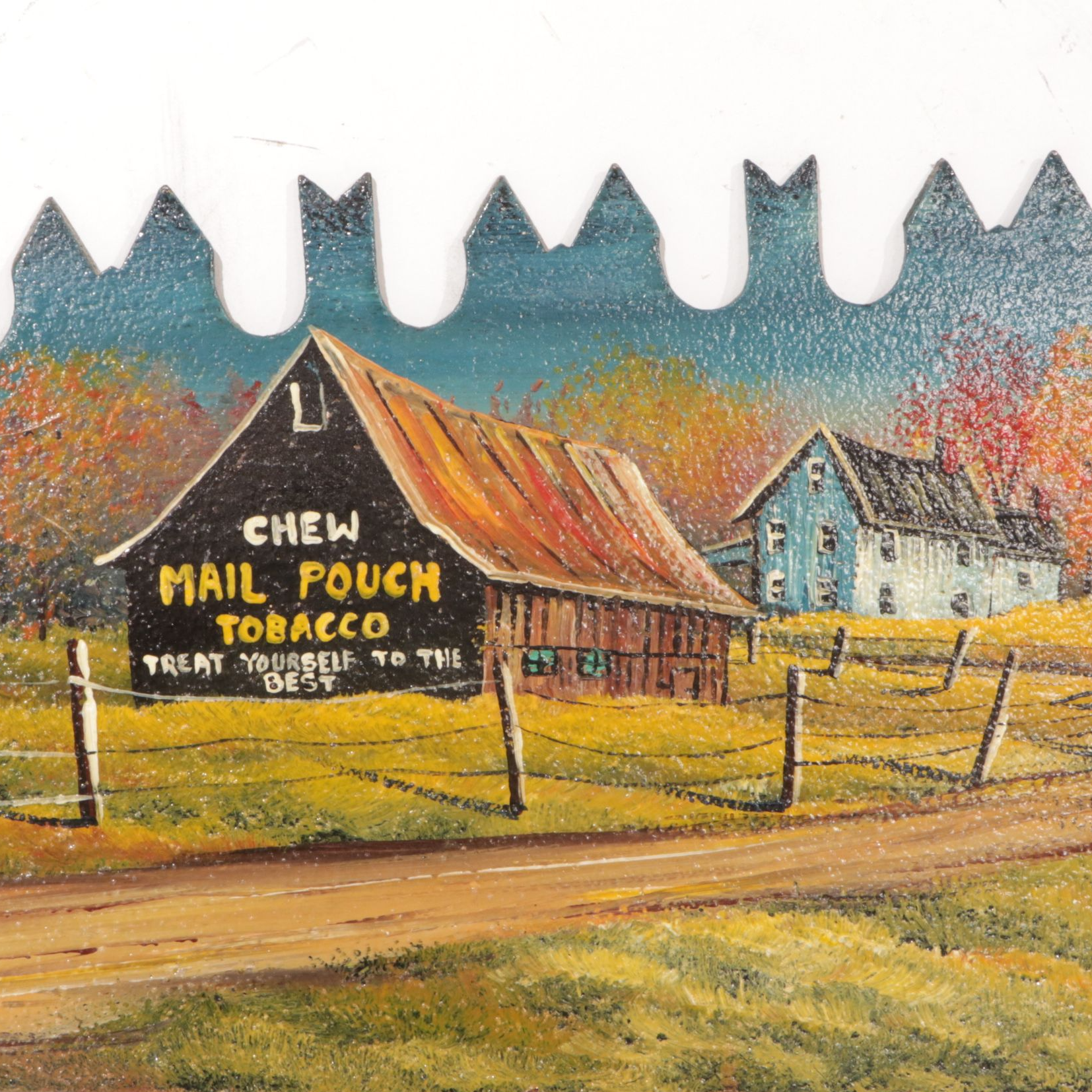 E. Kahrig Scenic Autumn Landscape Oil Painting on Two-Man Crosscut Saw, 1989