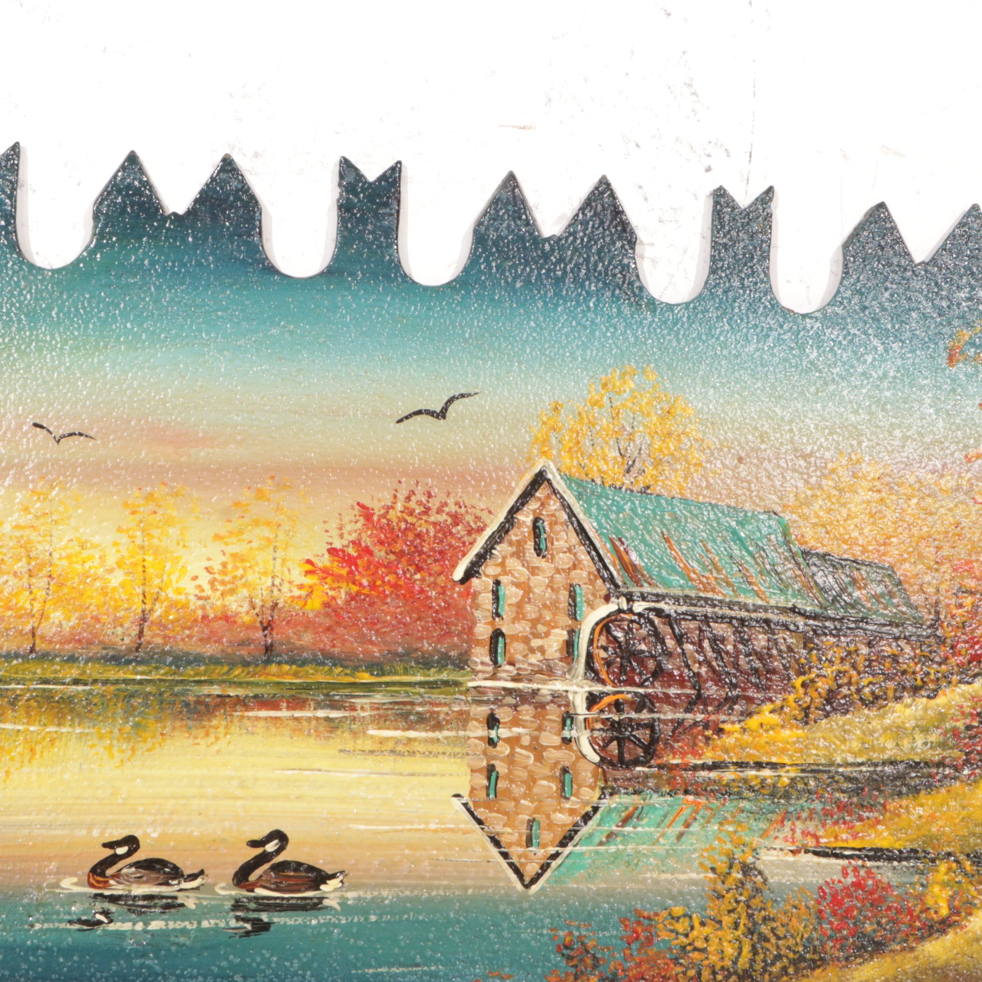 E. Kahrig Scenic Autumn Landscape Oil Painting on Two-Man Crosscut Saw, 1989