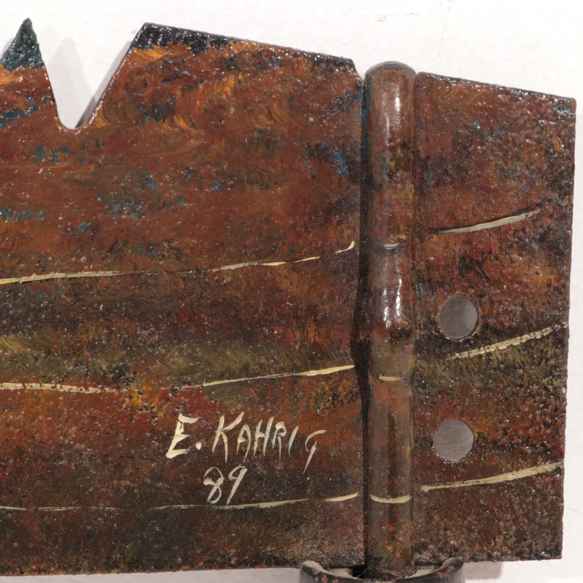 E. Kahrig Scenic Autumn Landscape Oil Painting on Two-Man Crosscut Saw, 1989