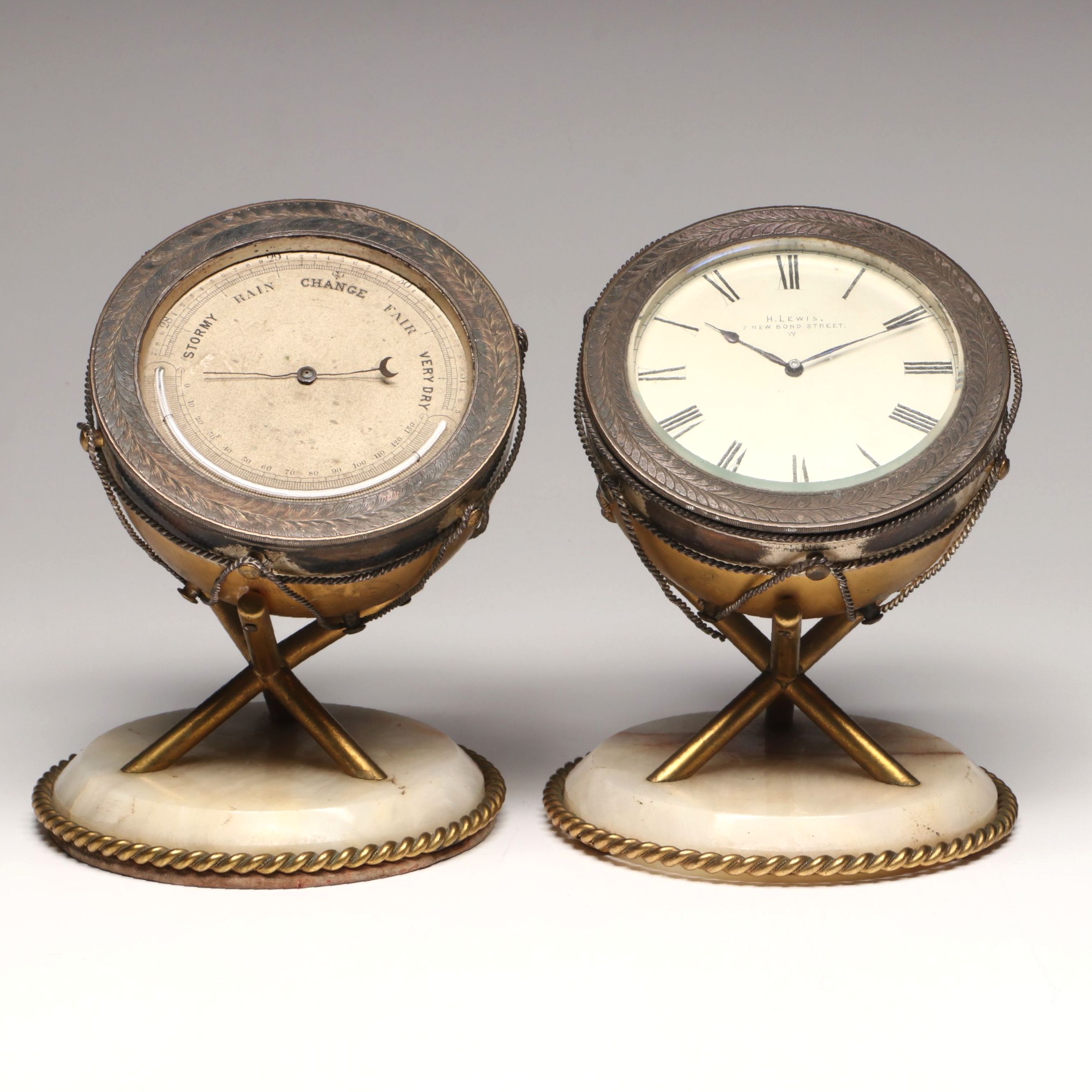 H. Lewis Desk Clock and Barometer in the Form of Timpani Drums