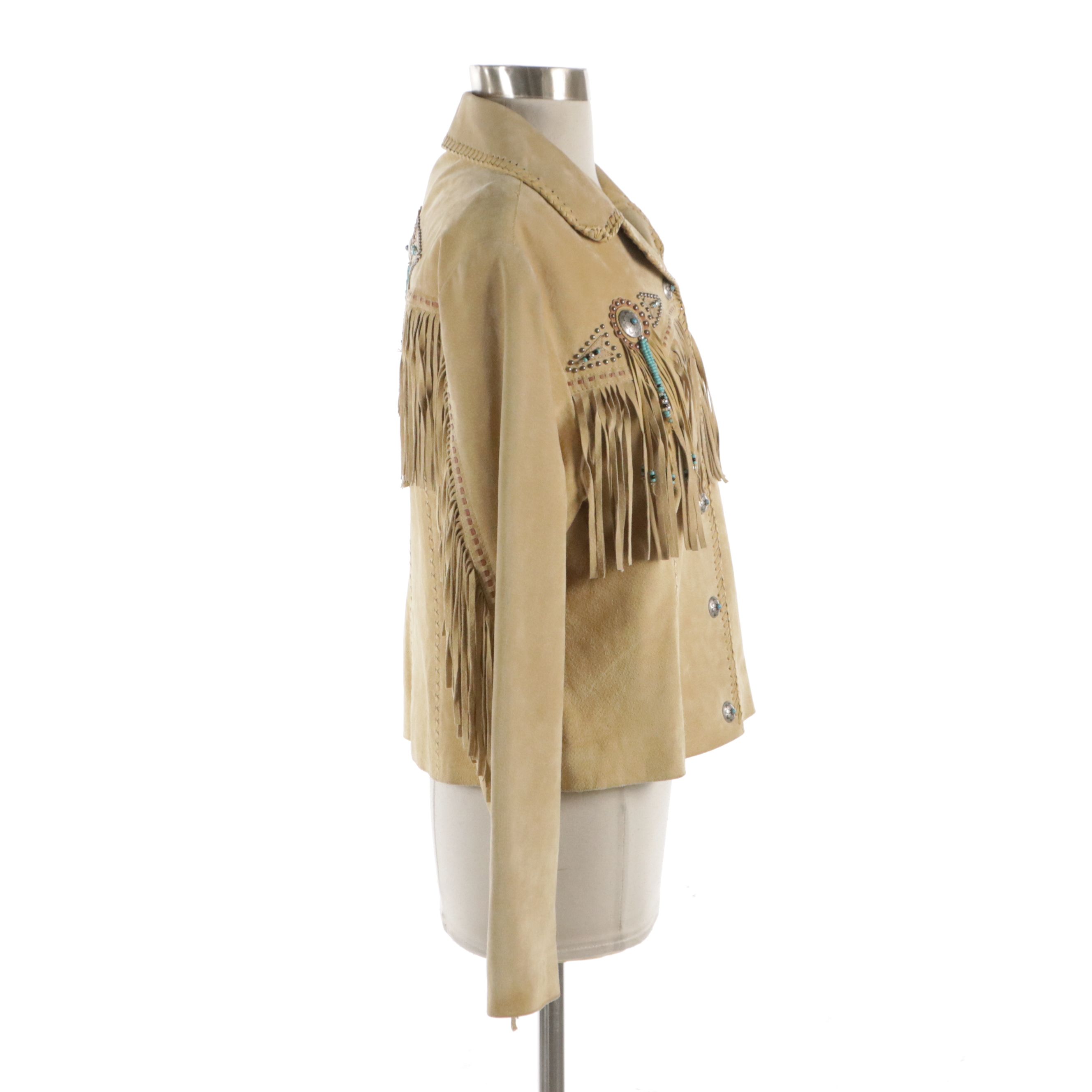 Scully Studded and Beaded Concho Embellished Fringed Suede Snap-Front Jacket