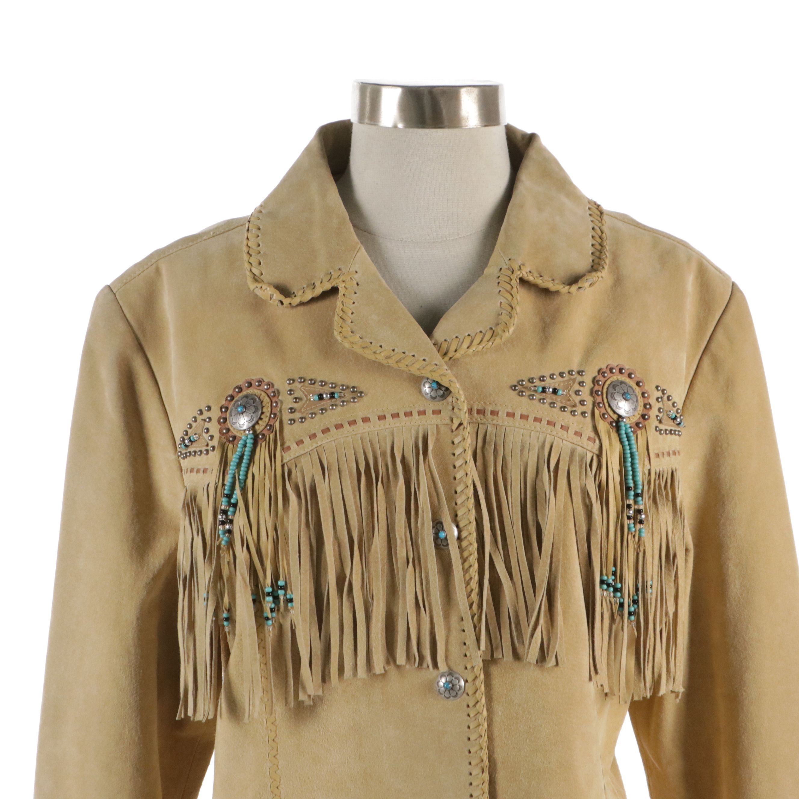 Scully Studded and Beaded Concho Embellished Fringed Suede Snap-Front Jacket