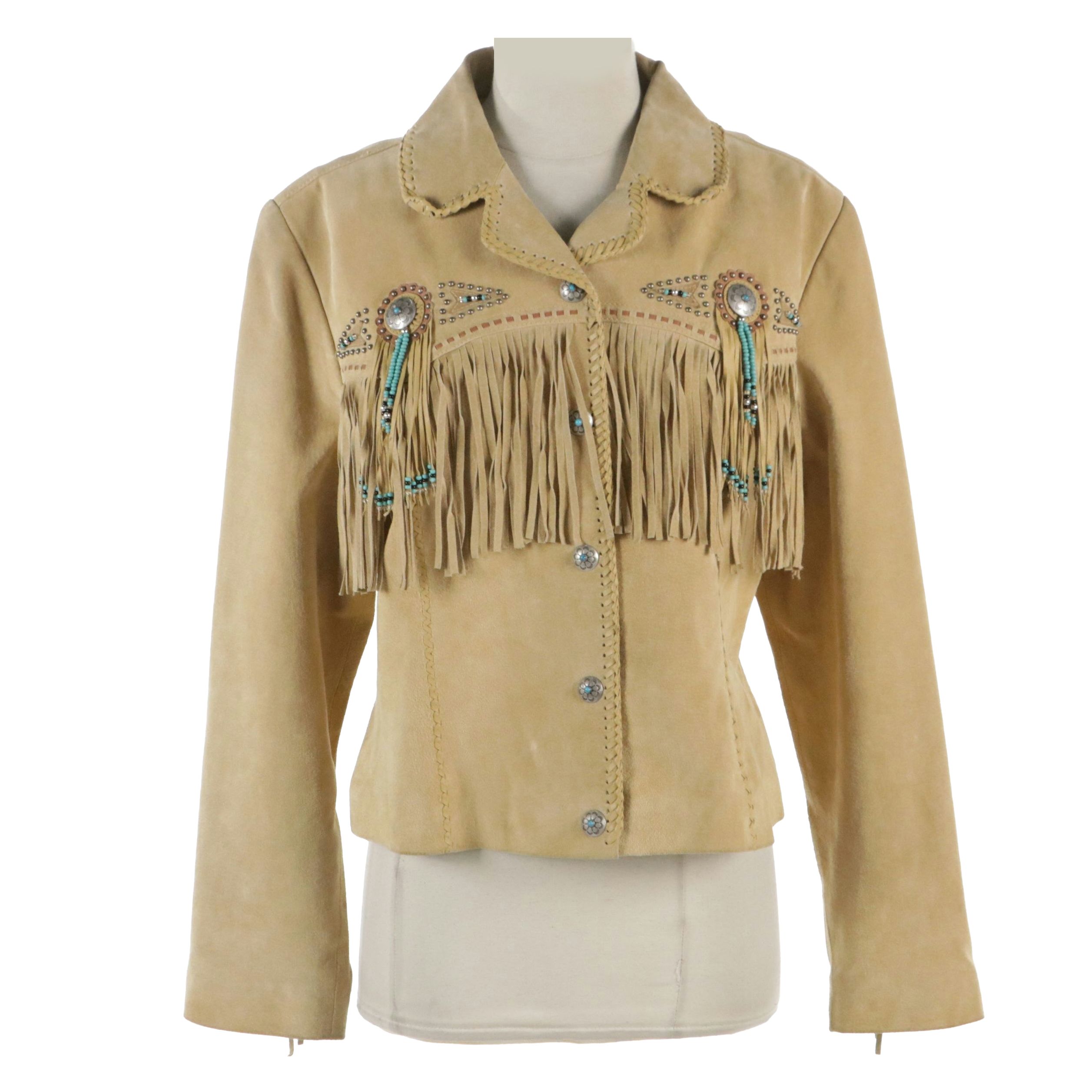 Scully Studded and Beaded Concho Embellished Fringed Suede Snap-Front Jacket