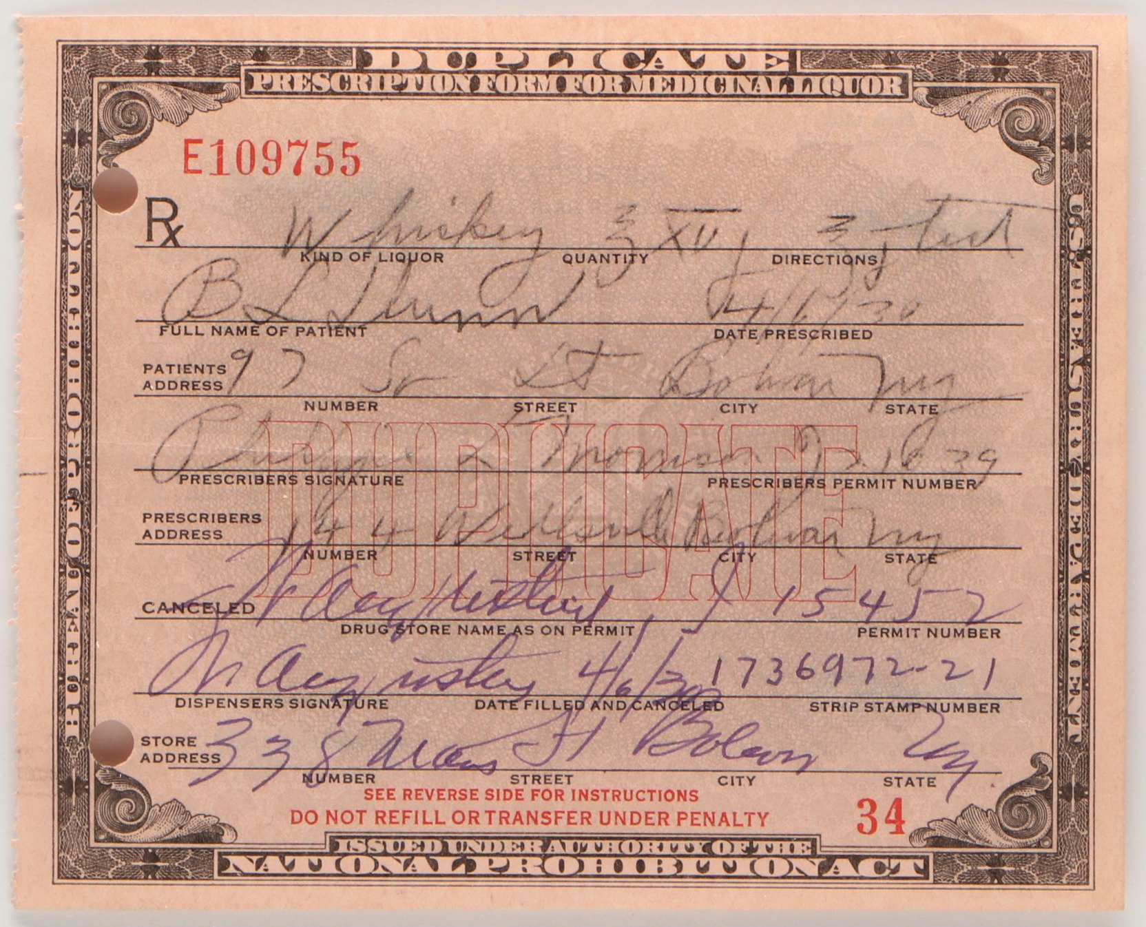 Prohibition Prescription Form for Alcohol, 1930
