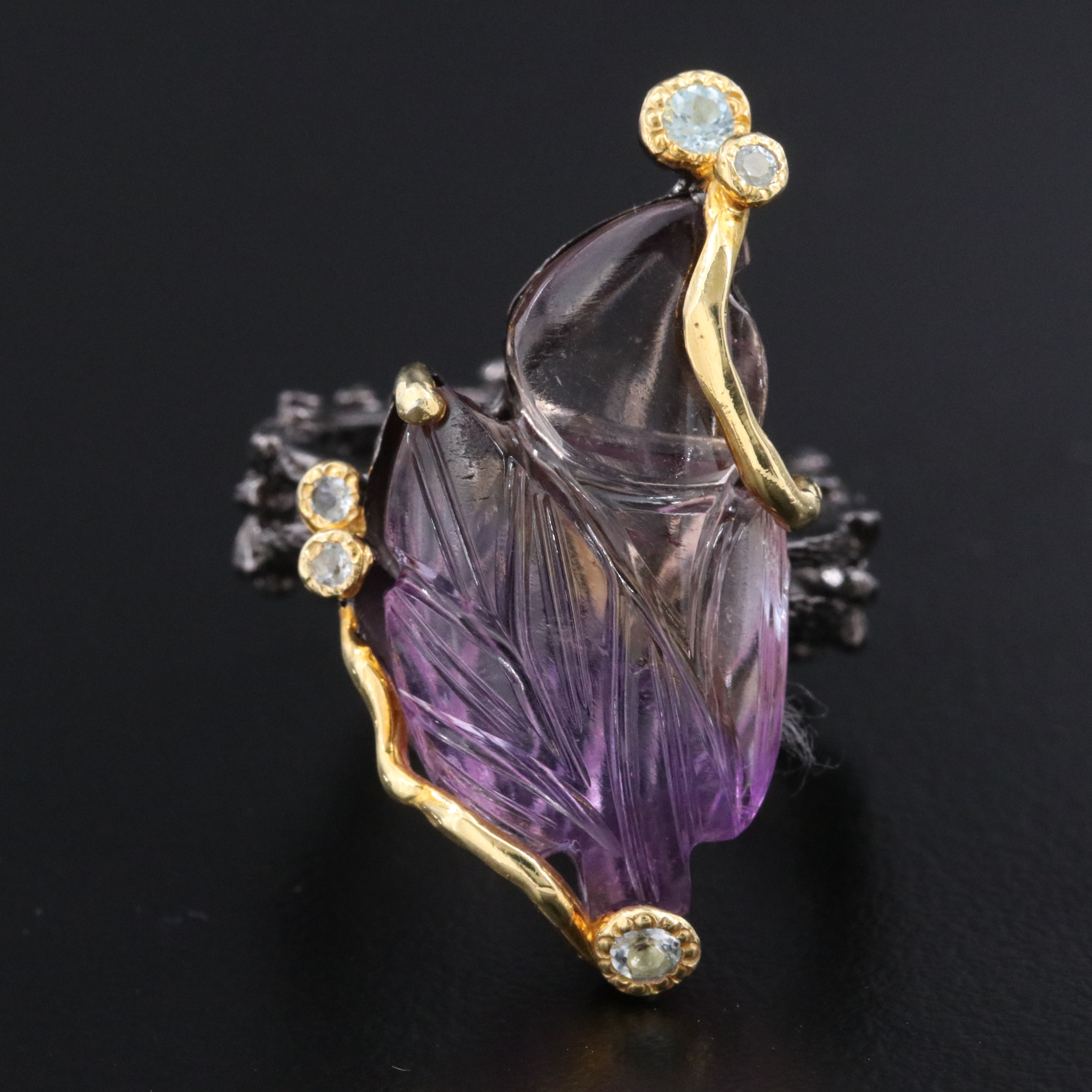 Sterling Carved Amethyst and Topaz Ring