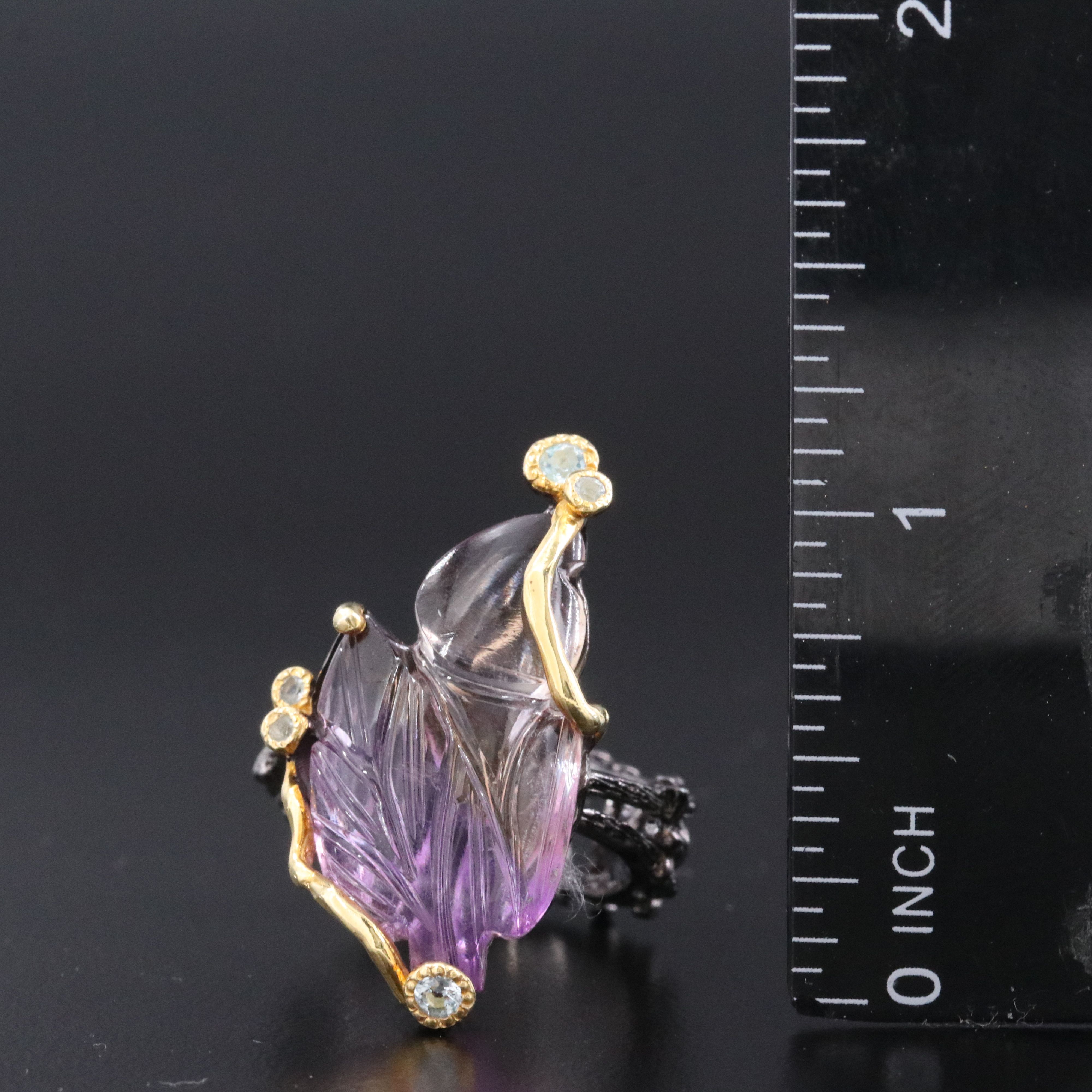 Sterling Carved Amethyst and Topaz Ring