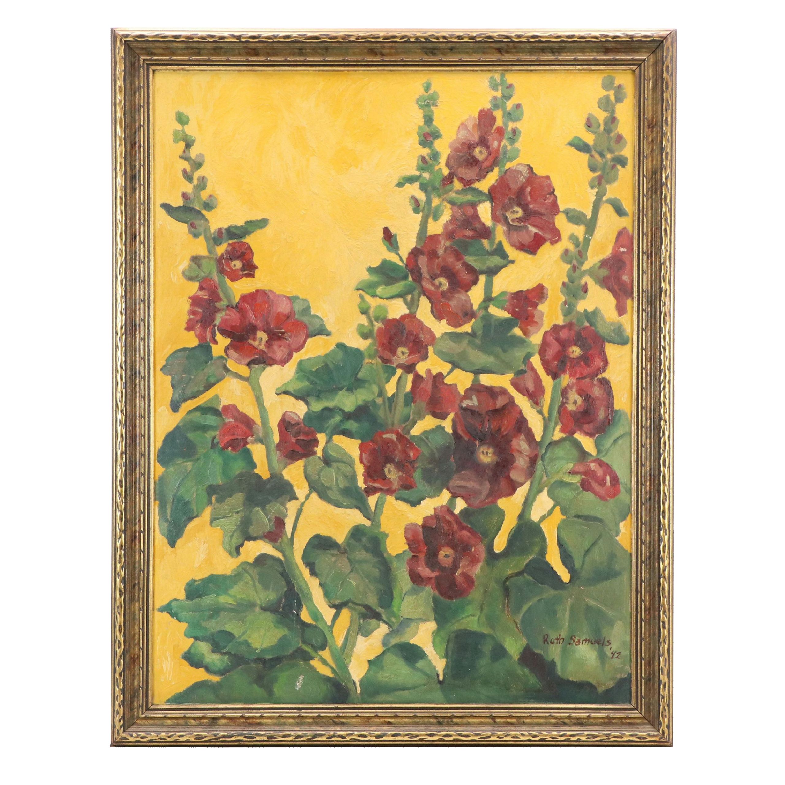 Ruth Samuels Oil Painting of Red Hollyhock Flowers, 1942