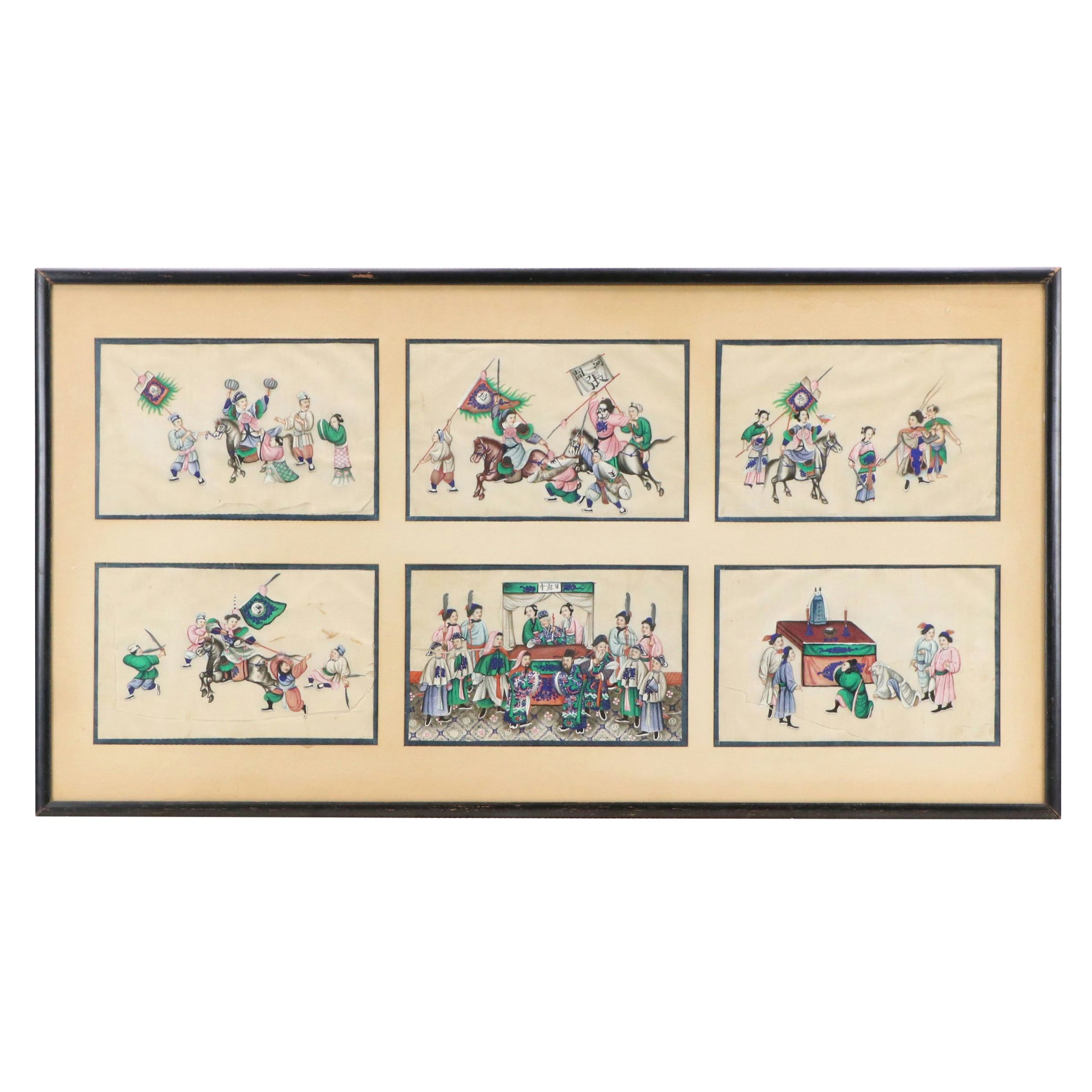 Chinese Gouache Pith Paintings Depicting Warrior and Funeral Scenes