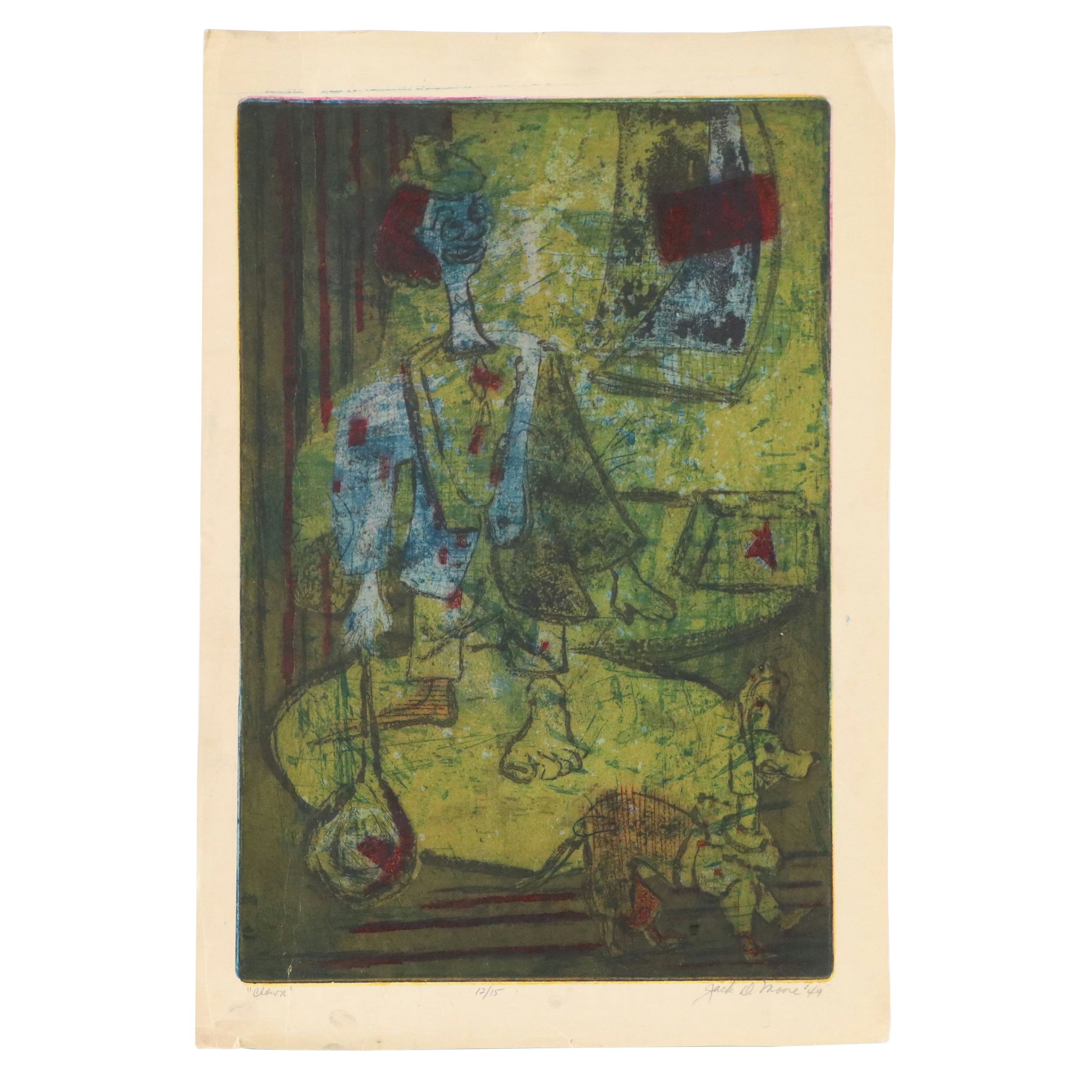 Jack D. Moore Four Plate Etching with Aquatint "Clown," 1949