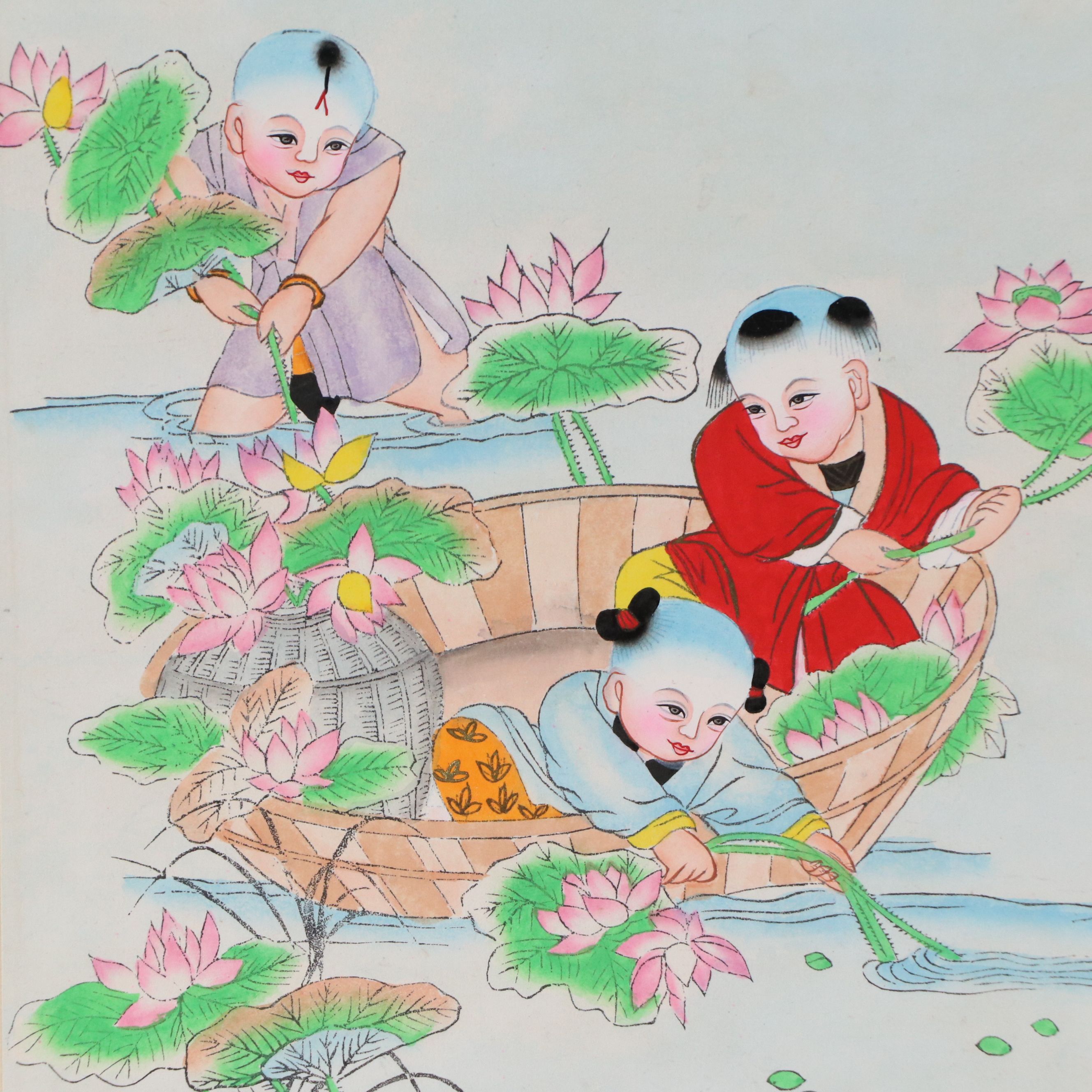 Chinese Hand-Colored Lithograph of Children Pulling Water Lilies, Mid-20th C.
