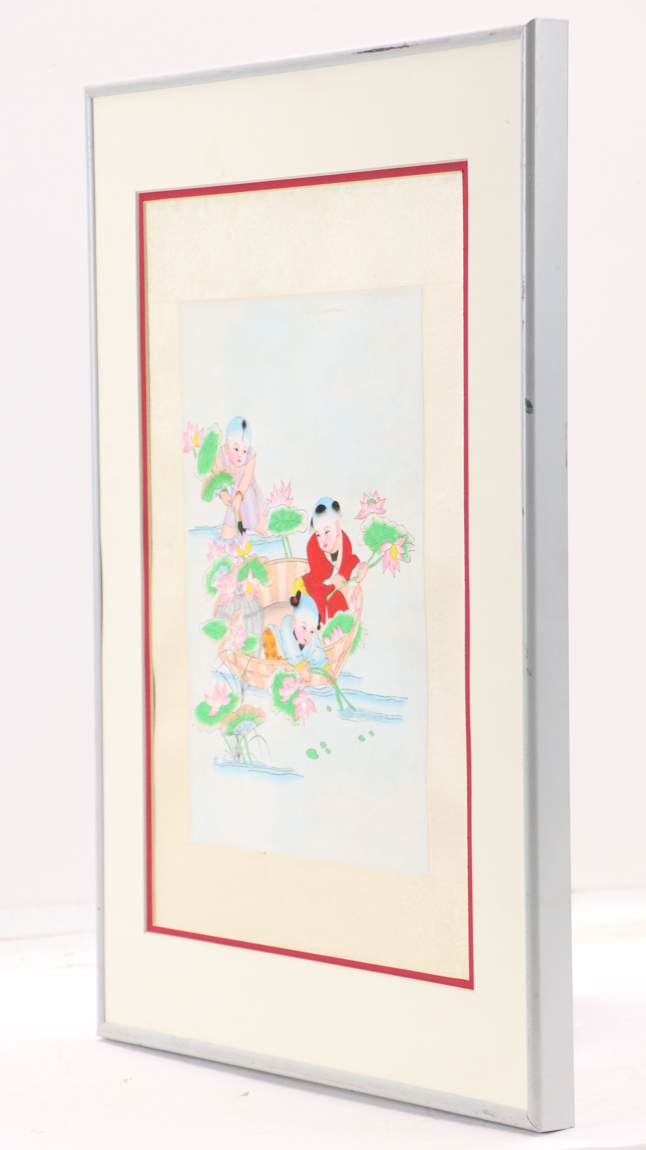 Chinese Hand-Colored Lithograph of Children Pulling Water Lilies, Mid-20th C.