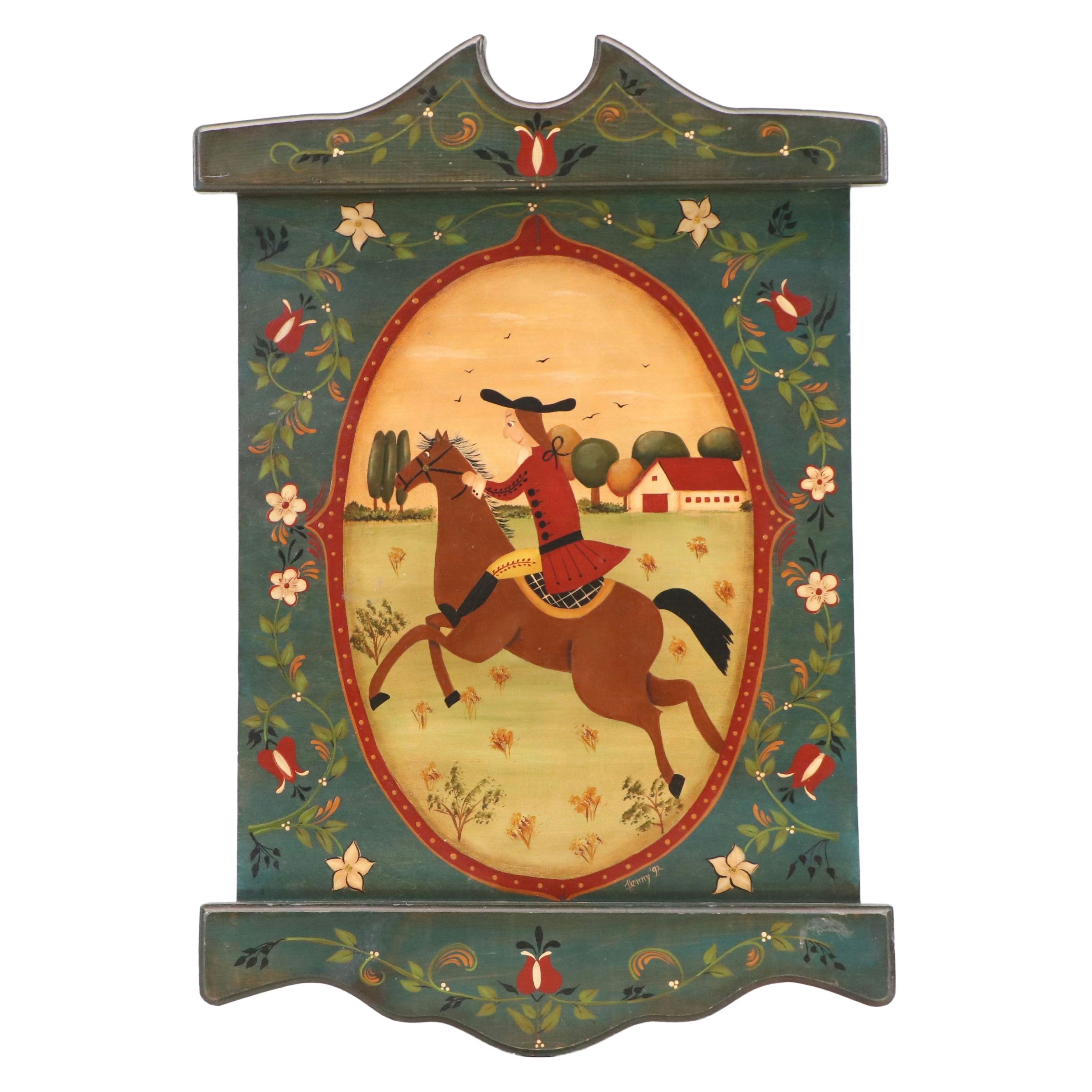 Henny Folk Art Acrylic Painting of Man Riding Horse, 1992
