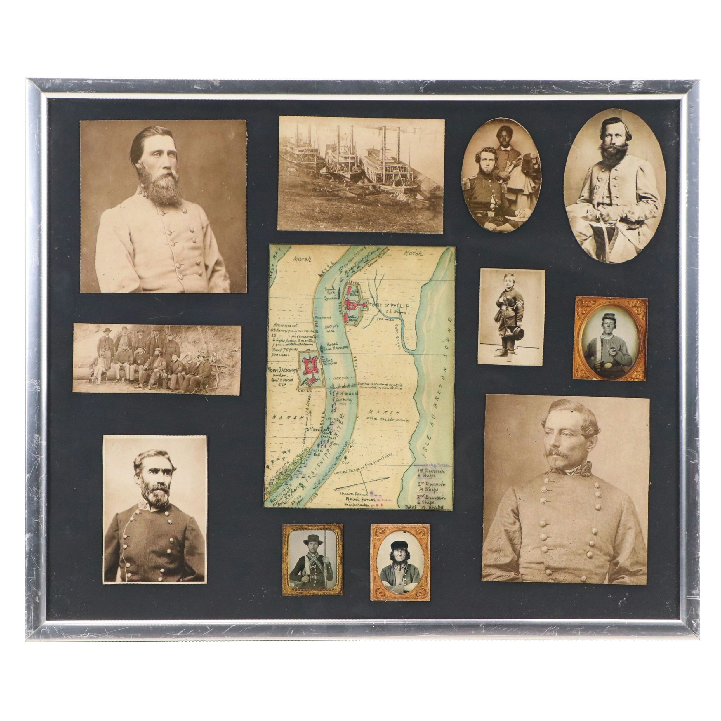 Offset Lithographs of Civil War Era Enlistees and Map of Louisiana Forts