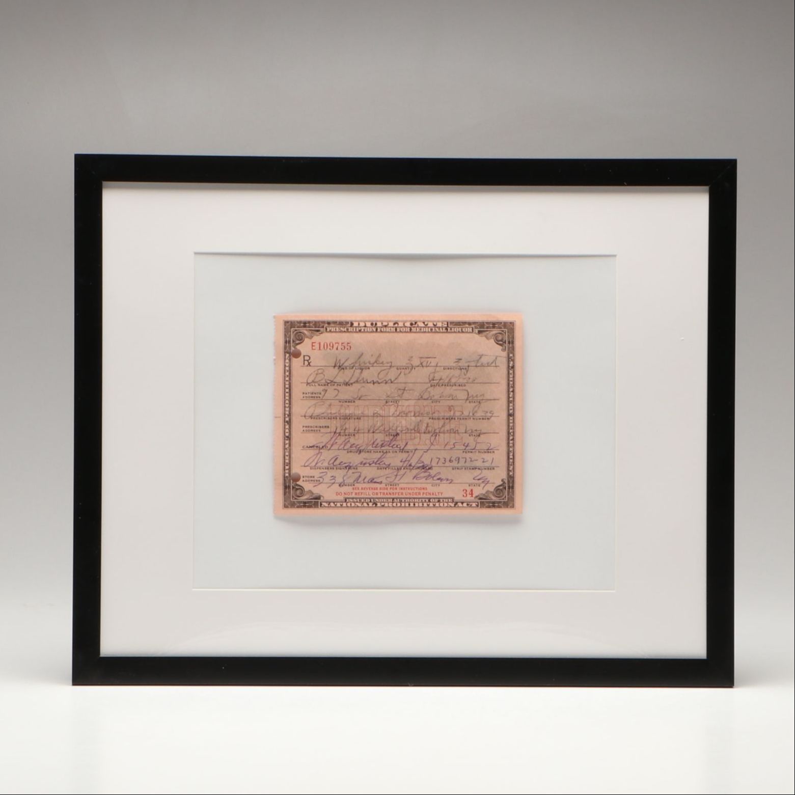 Prohibition Prescription Form for Alcohol, 1930