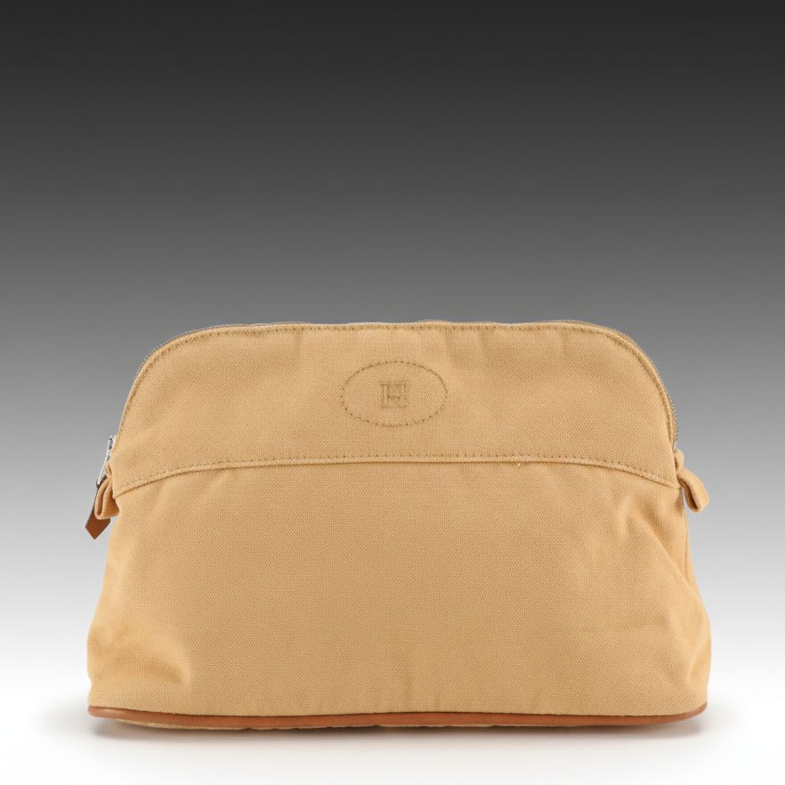 Hermès Bolide Zip Travel Pouch in Beige Cotton Canvas with Leather Trim