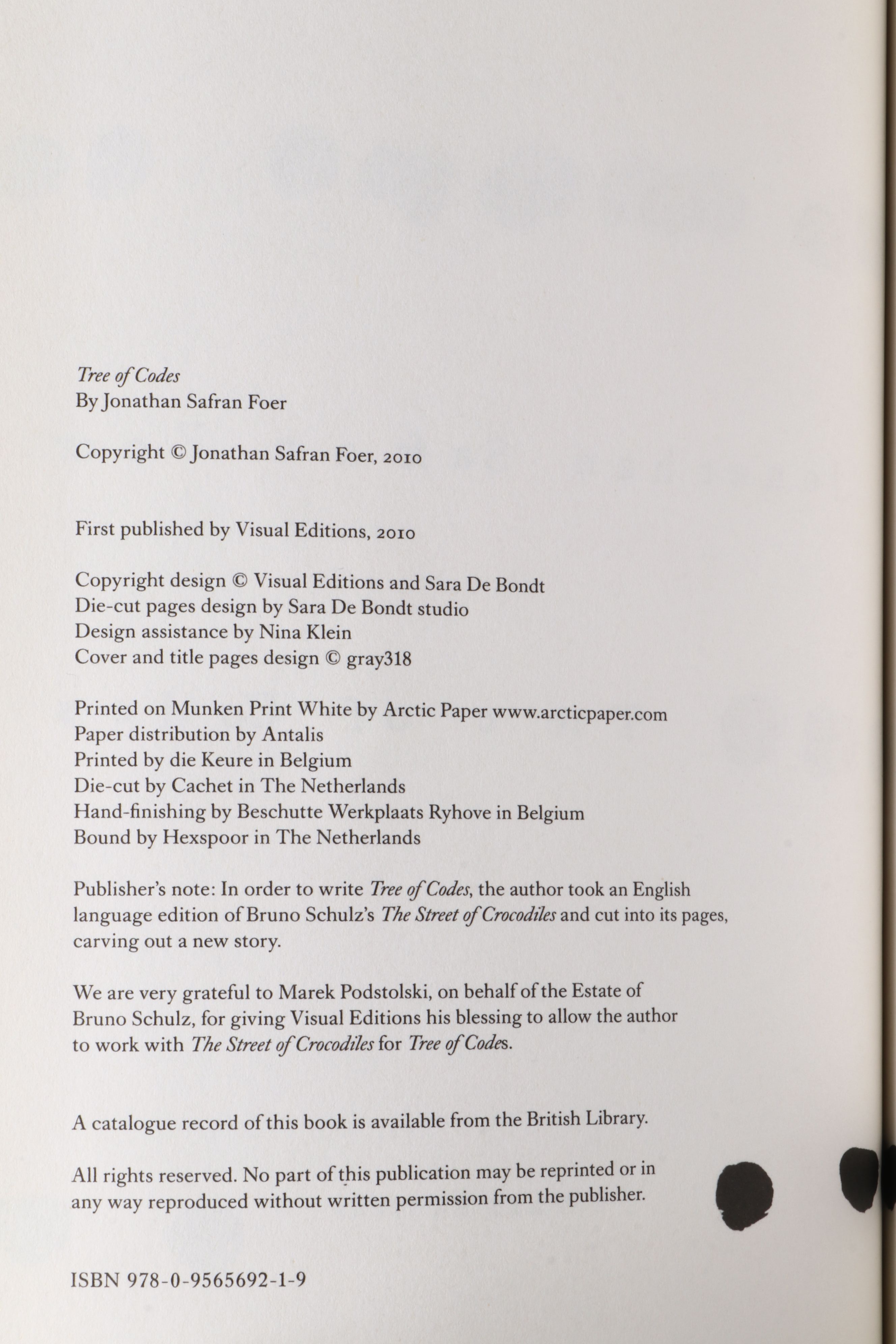 First Edition "Tree of Codes" by Jonathan Safran Foer, 2010