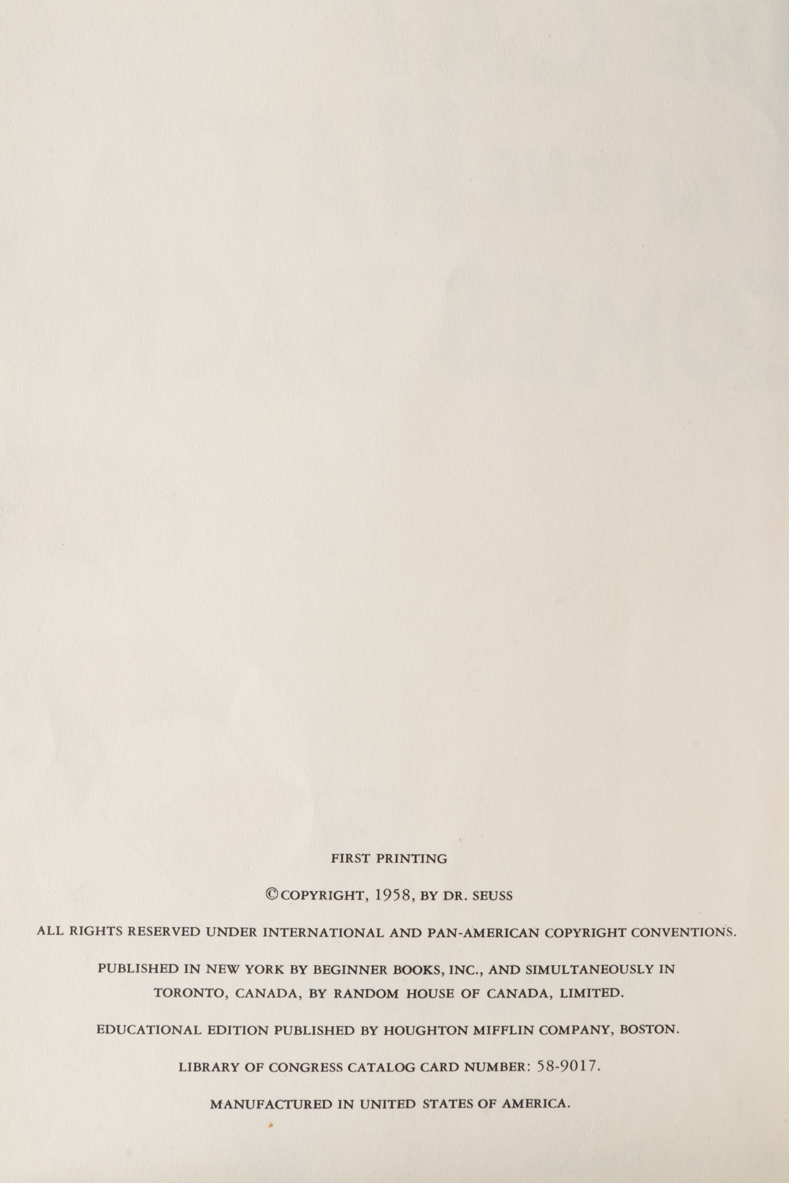 First Printing "The Cat in the Hat Comes Back" by Dr. Seuss, 1958