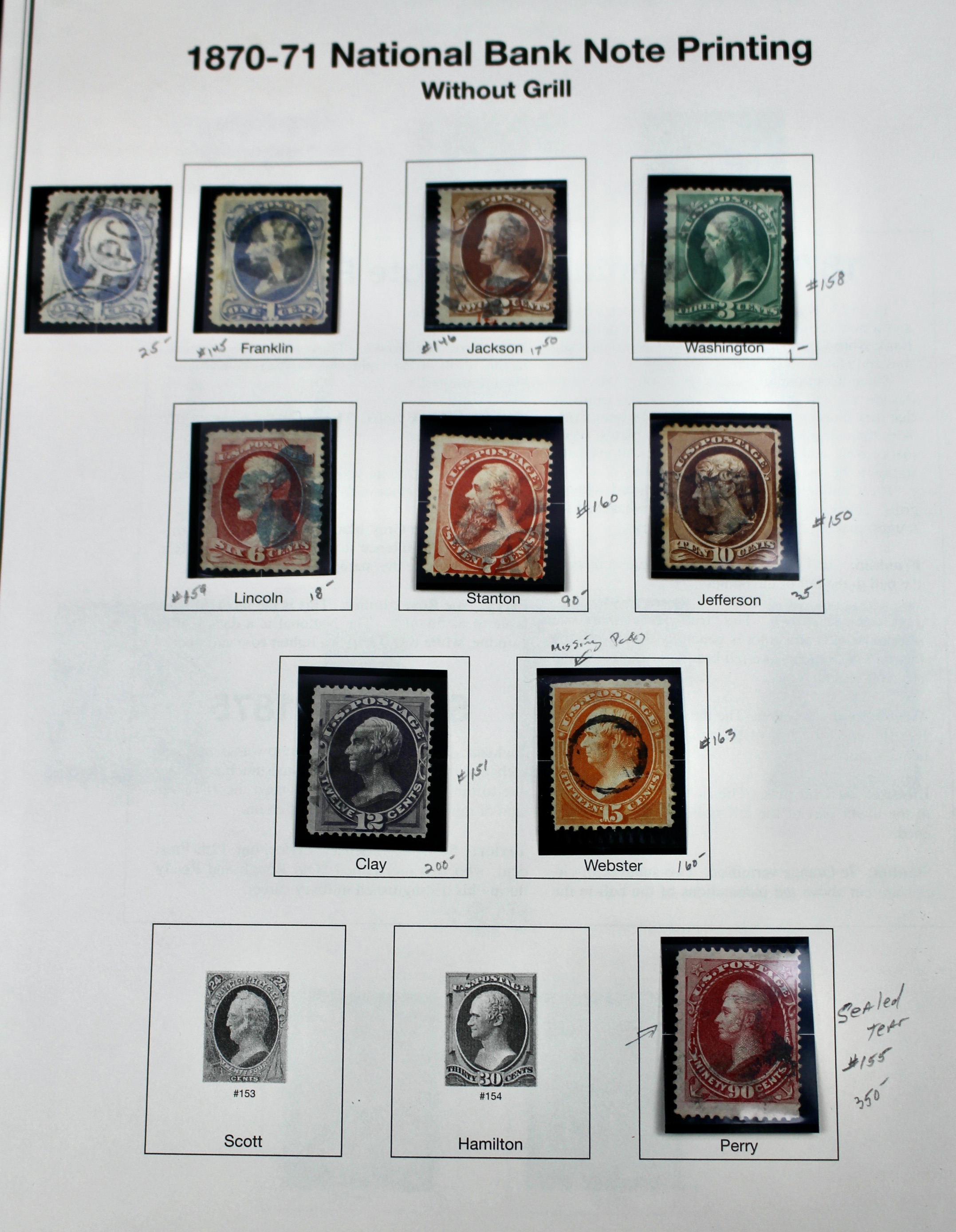 Twenty Classic Early U.S. Postage Stamps, Scott 145 to 179
