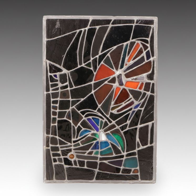 Milcho Silianoff Abstract Colored Stained Glass Panel with Pronounced Jewels