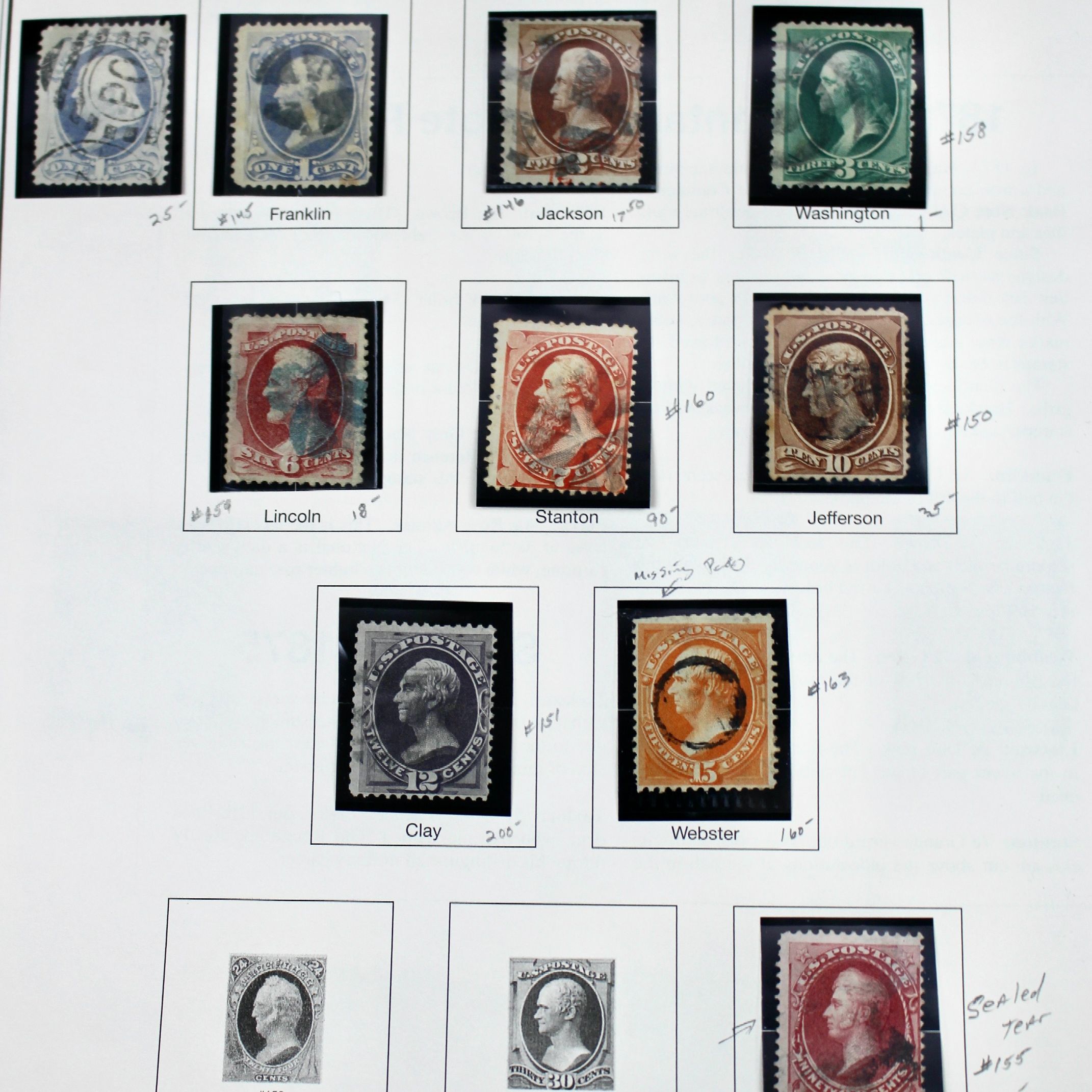 Twenty Classic Early U.S. Postage Stamps, Scott 145 to 179