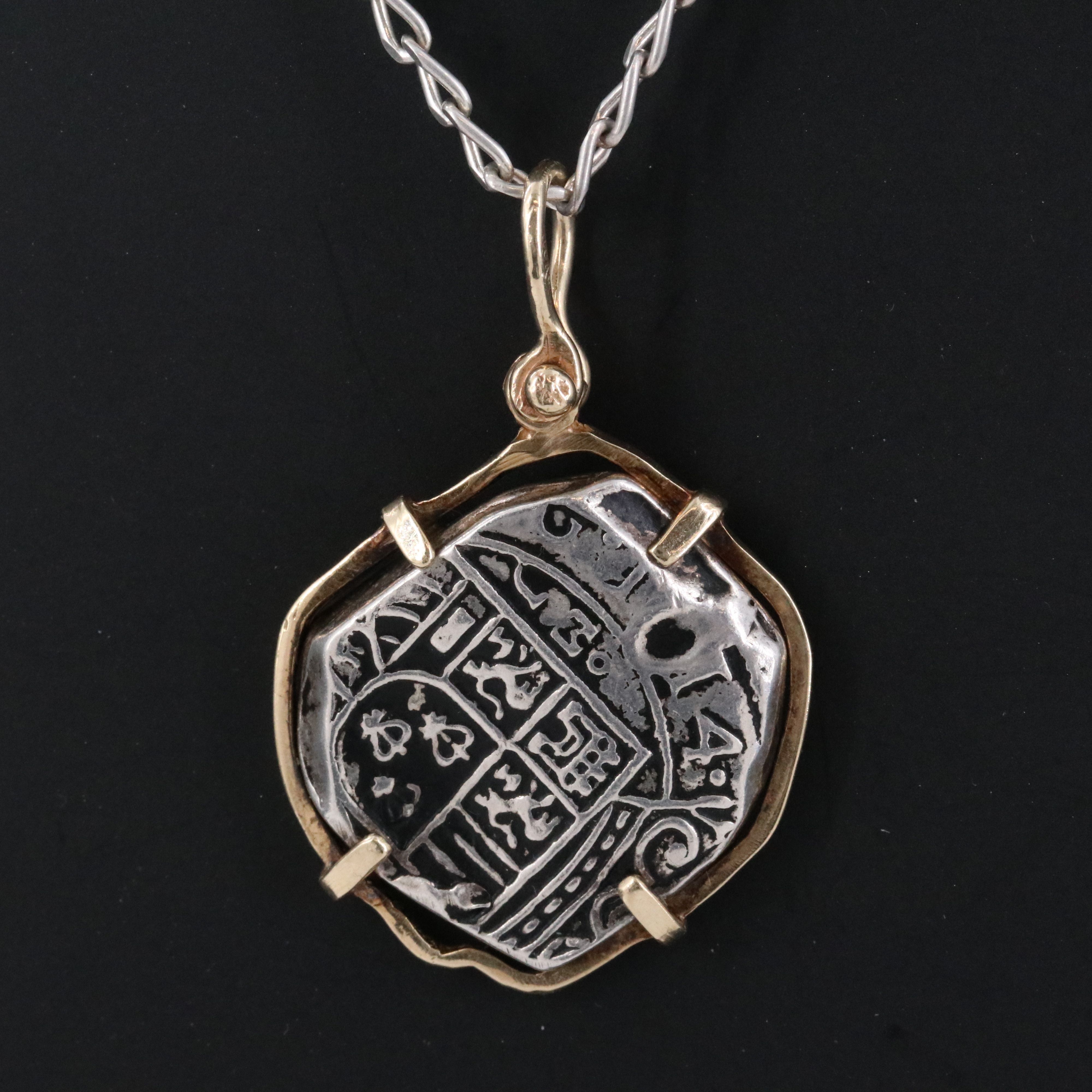 Sterling and 10K Necklace with Reproduction Spanish 4-Reales Silver Cob Coin