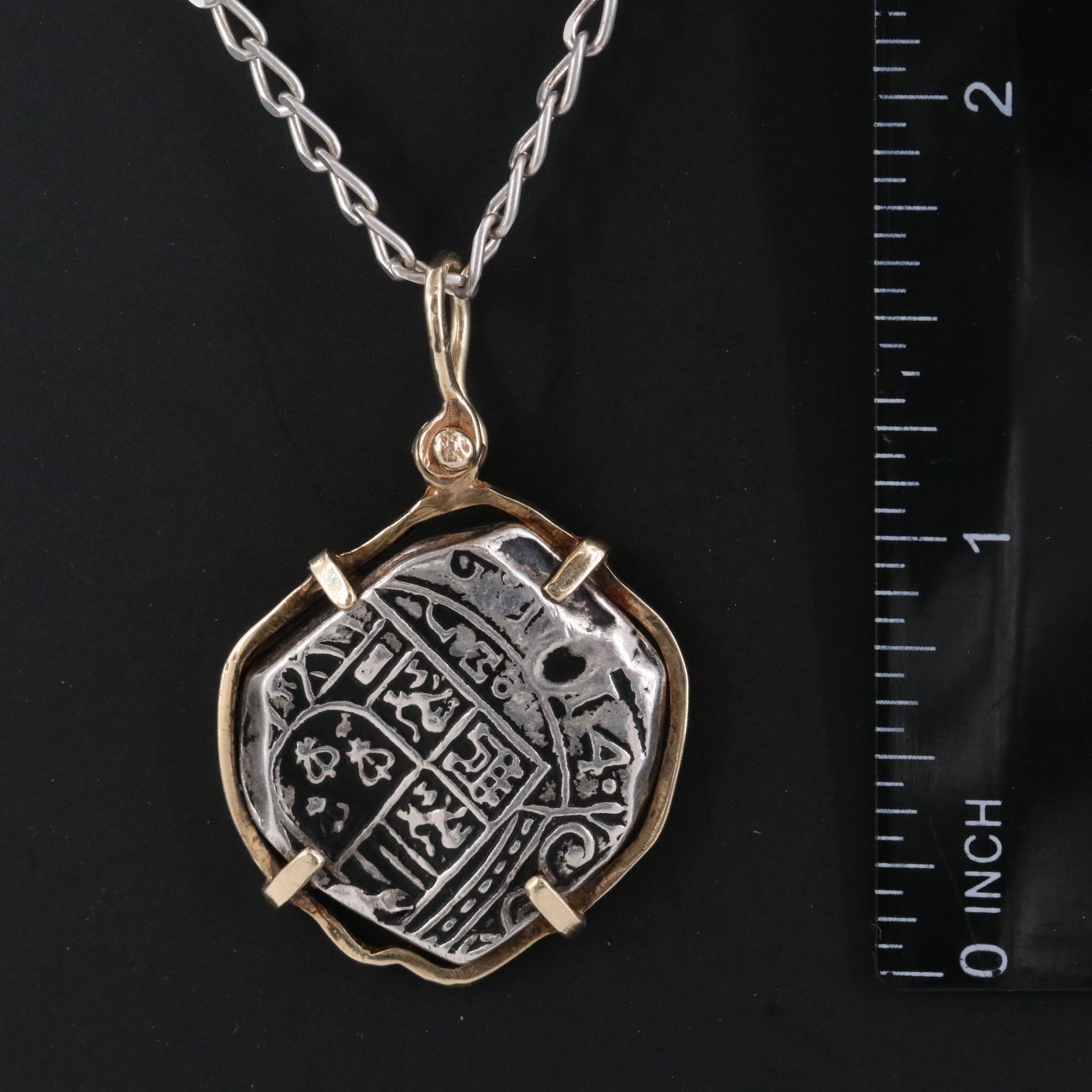 Sterling and 10K Necklace with Reproduction Spanish 4-Reales Silver Cob Coin