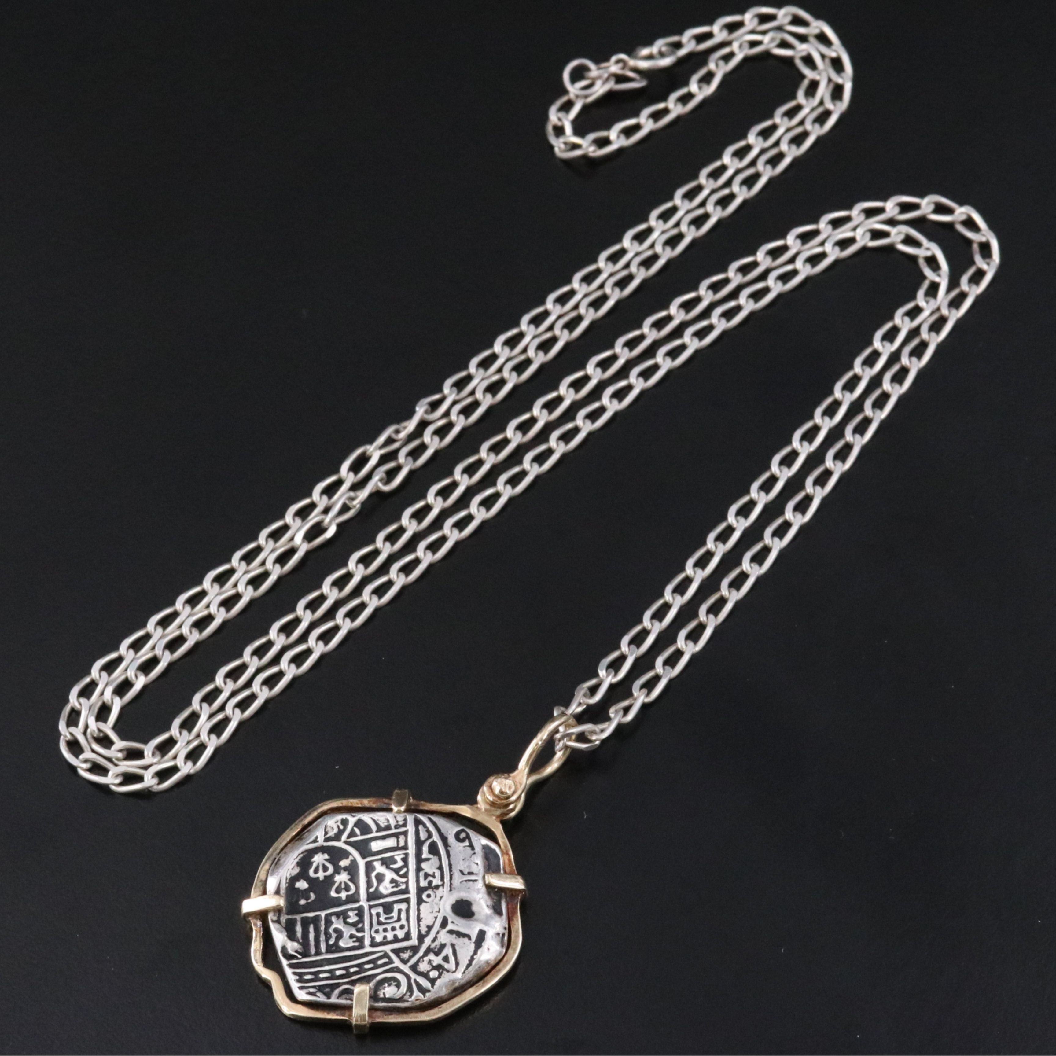 Sterling and 10K Necklace with Reproduction Spanish 4-Reales Silver Cob Coin
