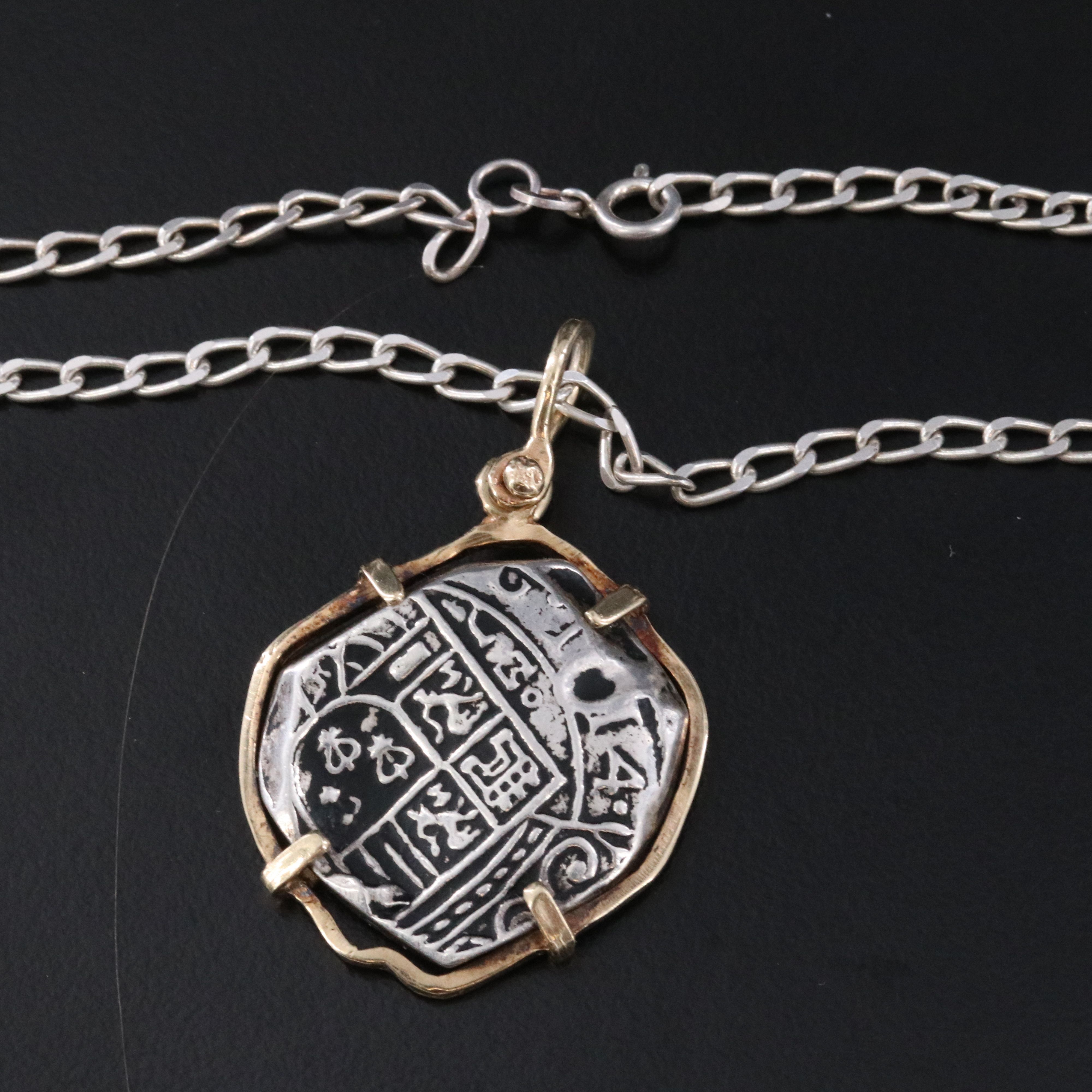Sterling and 10K Necklace with Reproduction Spanish 4-Reales Silver Cob Coin
