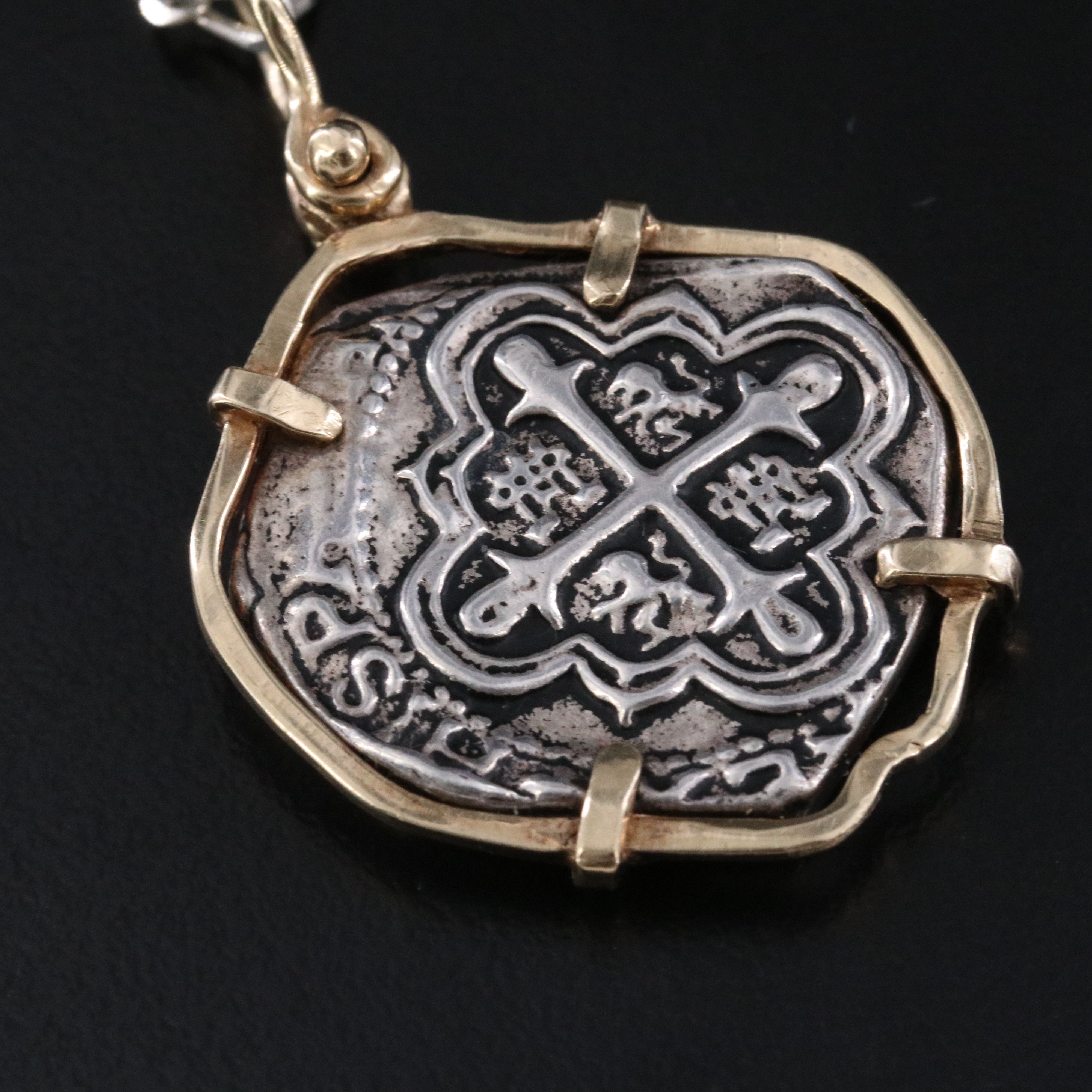 Sterling and 10K Necklace with Reproduction Spanish 4-Reales Silver Cob Coin