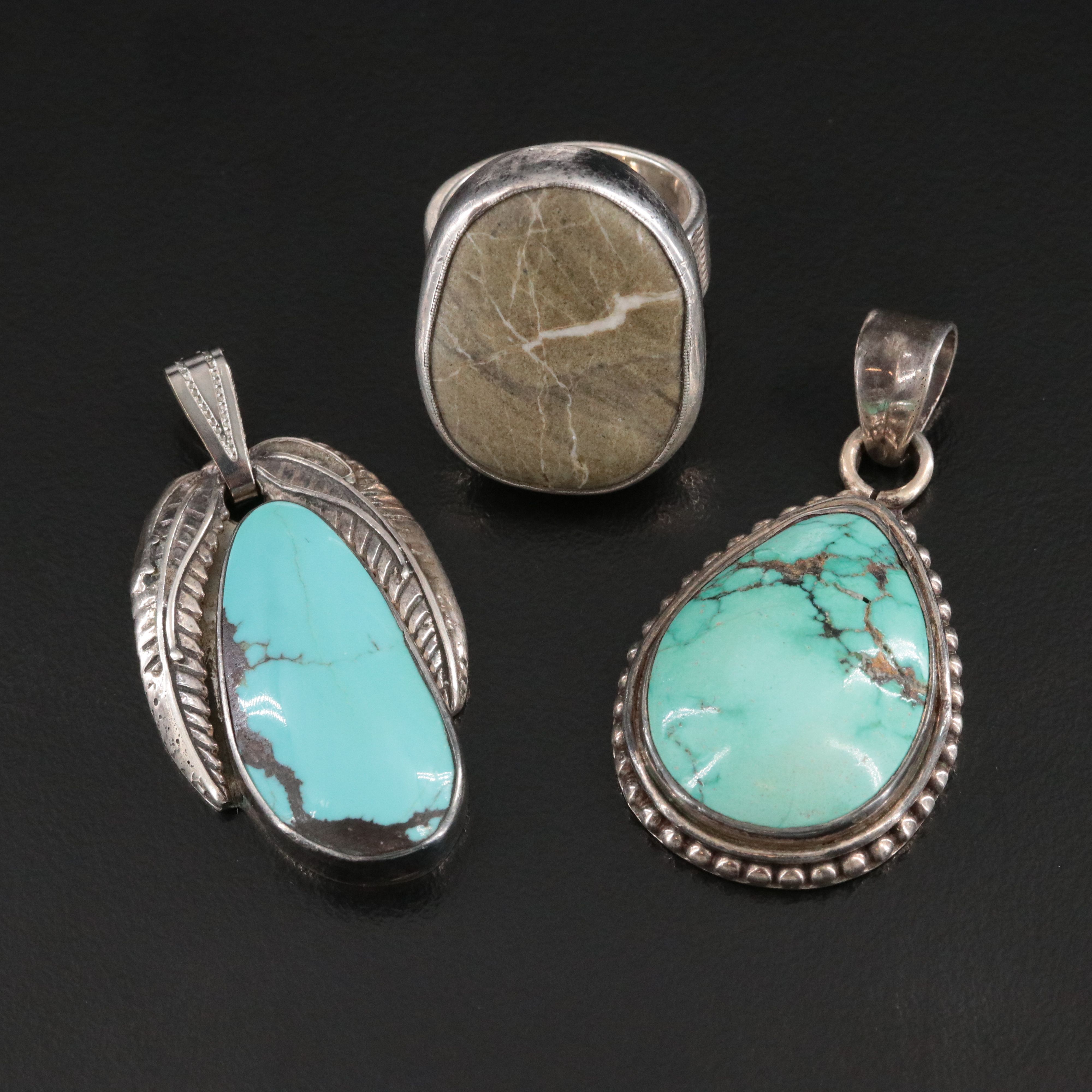 Sterling Turquoise and Connemara Marble Ring and Pendants