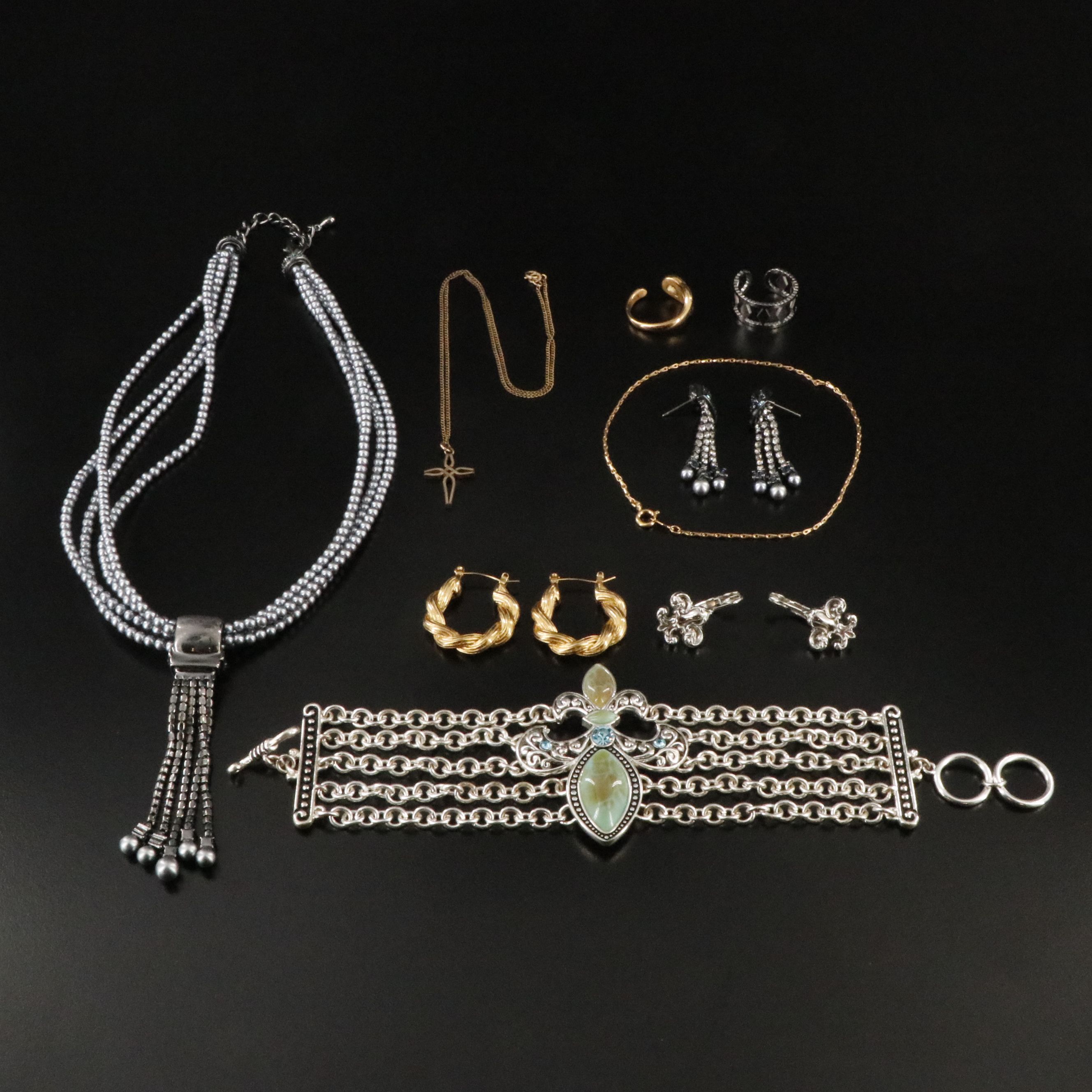 Fleur-de-Lis, Tassel Necklace and Faux Pearl Featured in Jewelry Assortment