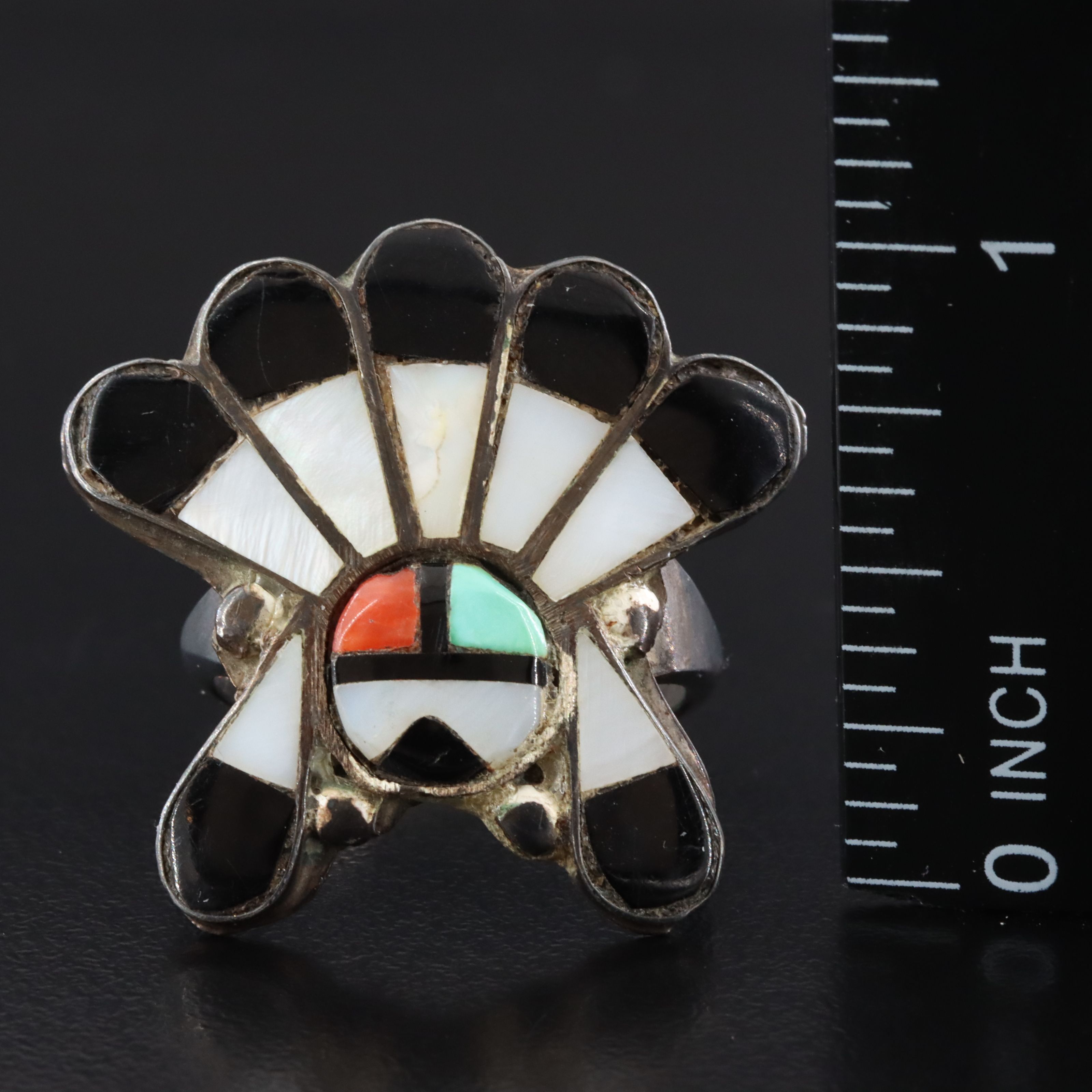 Vintage Southwestern Sterling Gemstone Inlay Sunface Ring