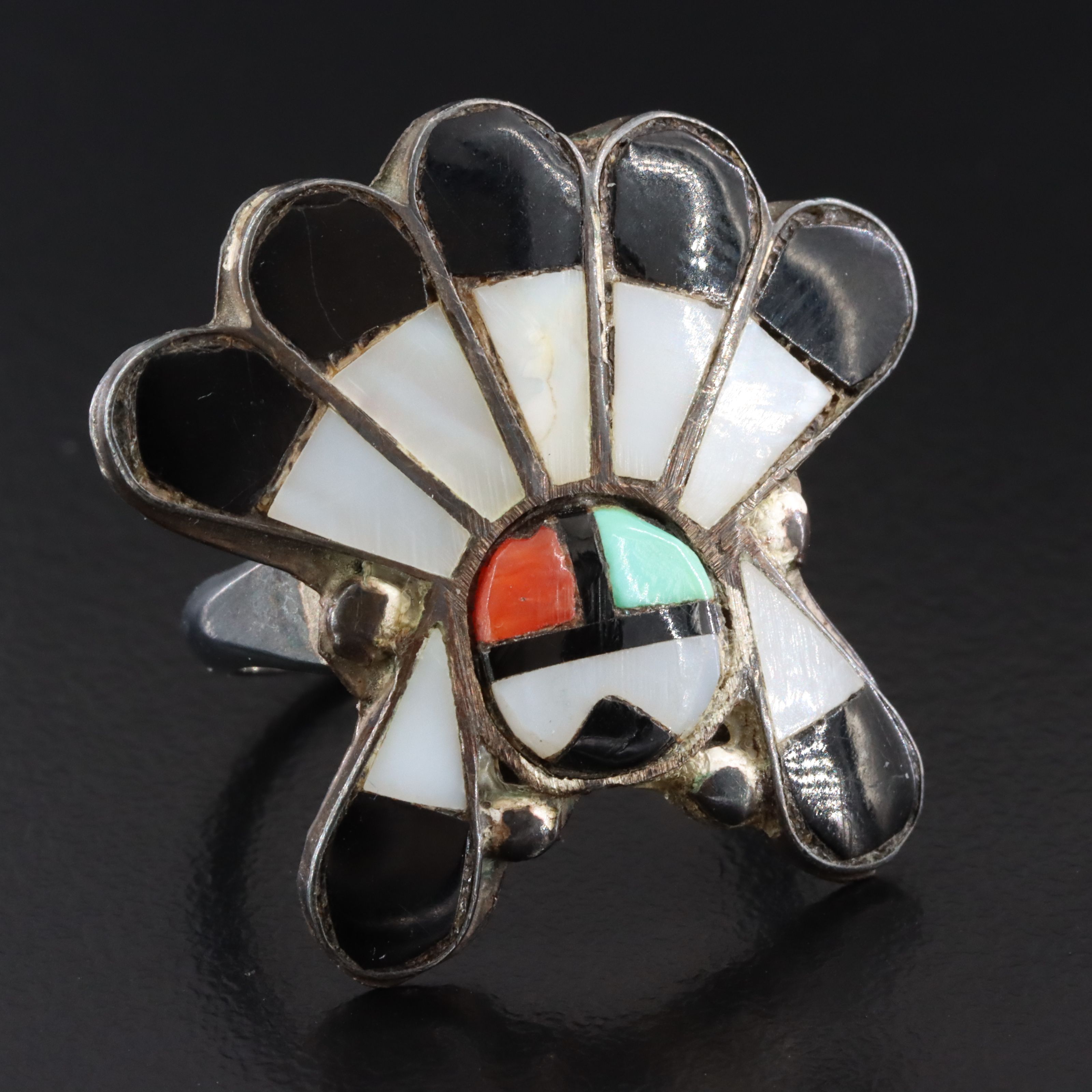 Vintage Southwestern Sterling Gemstone Inlay Sunface Ring