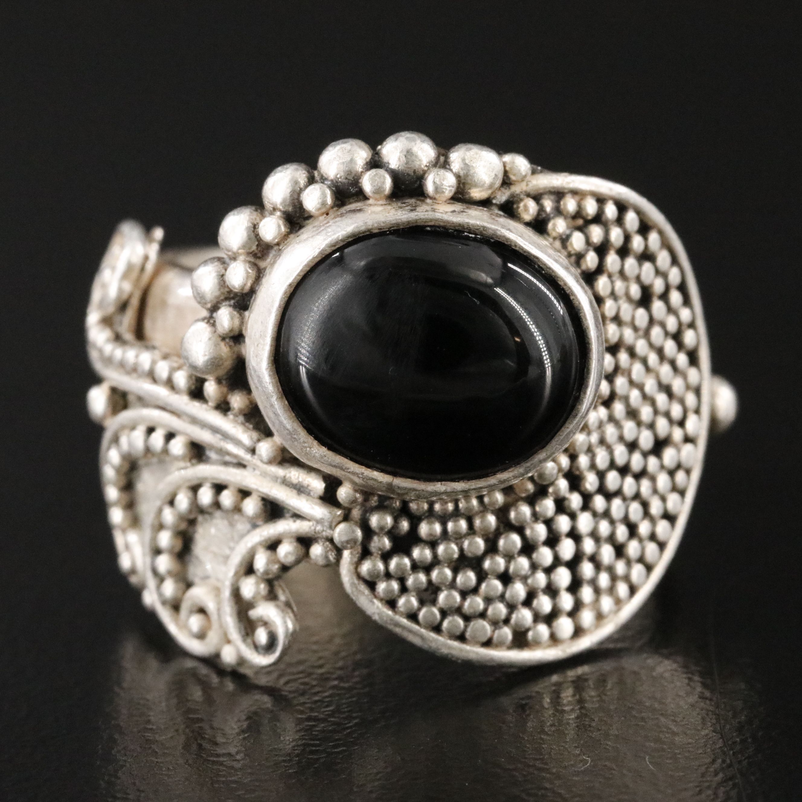 Sterling Black Onyx Granulated Scroll Ring