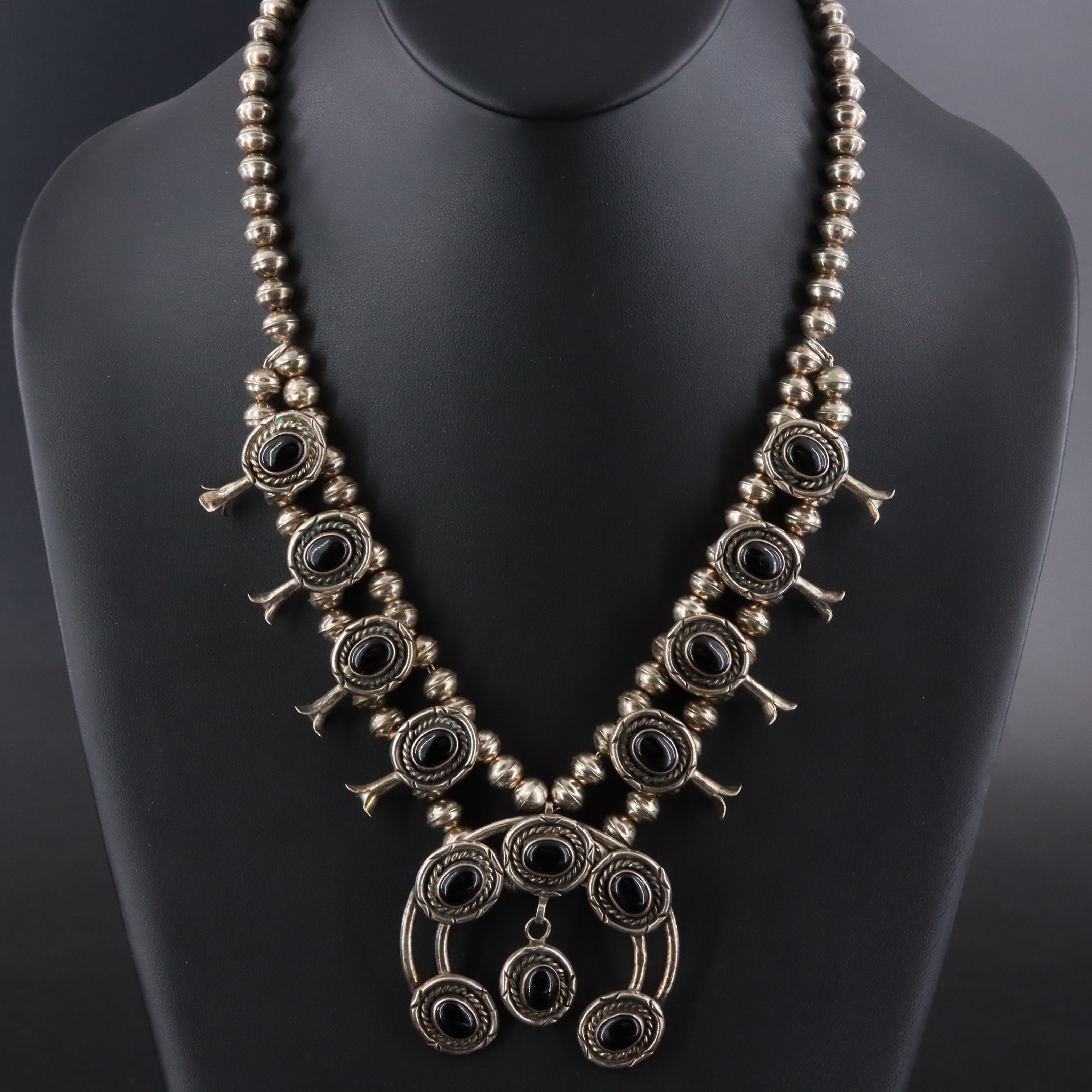 Southwestern Signed 800 Silver Black Onyx Squash Blossom Necklace