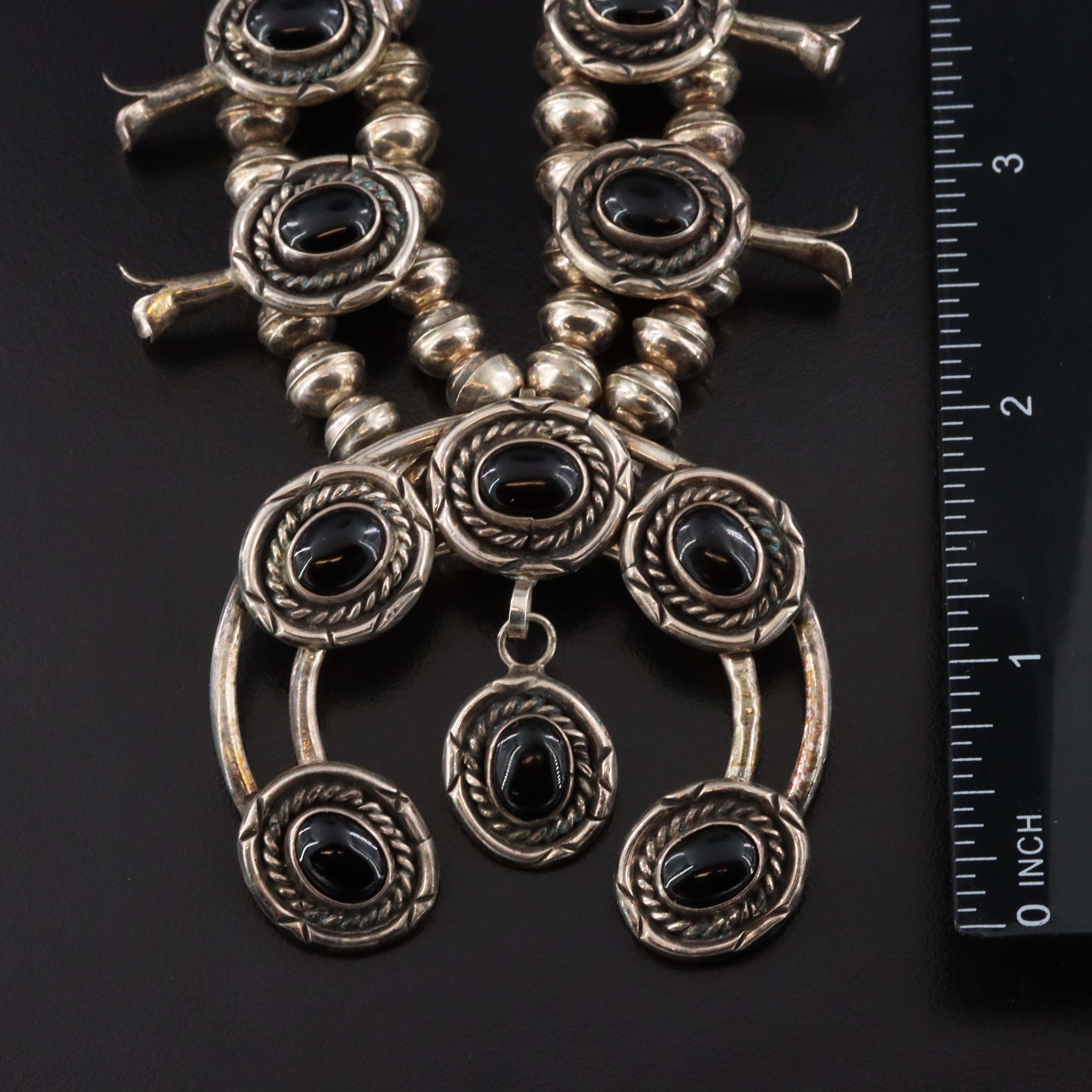 Southwestern Signed 800 Silver Black Onyx Squash Blossom Necklace