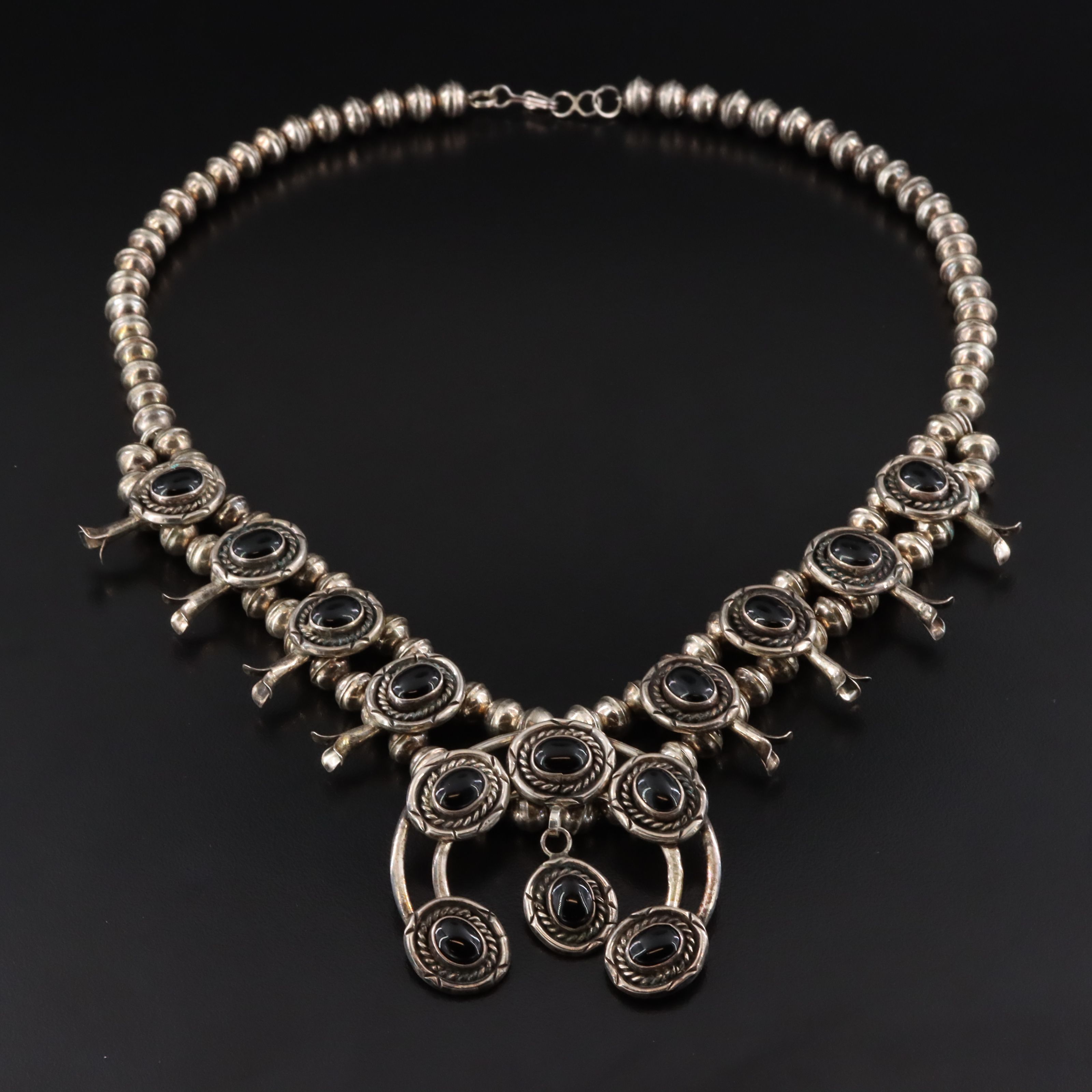 Southwestern Signed 800 Silver Black Onyx Squash Blossom Necklace