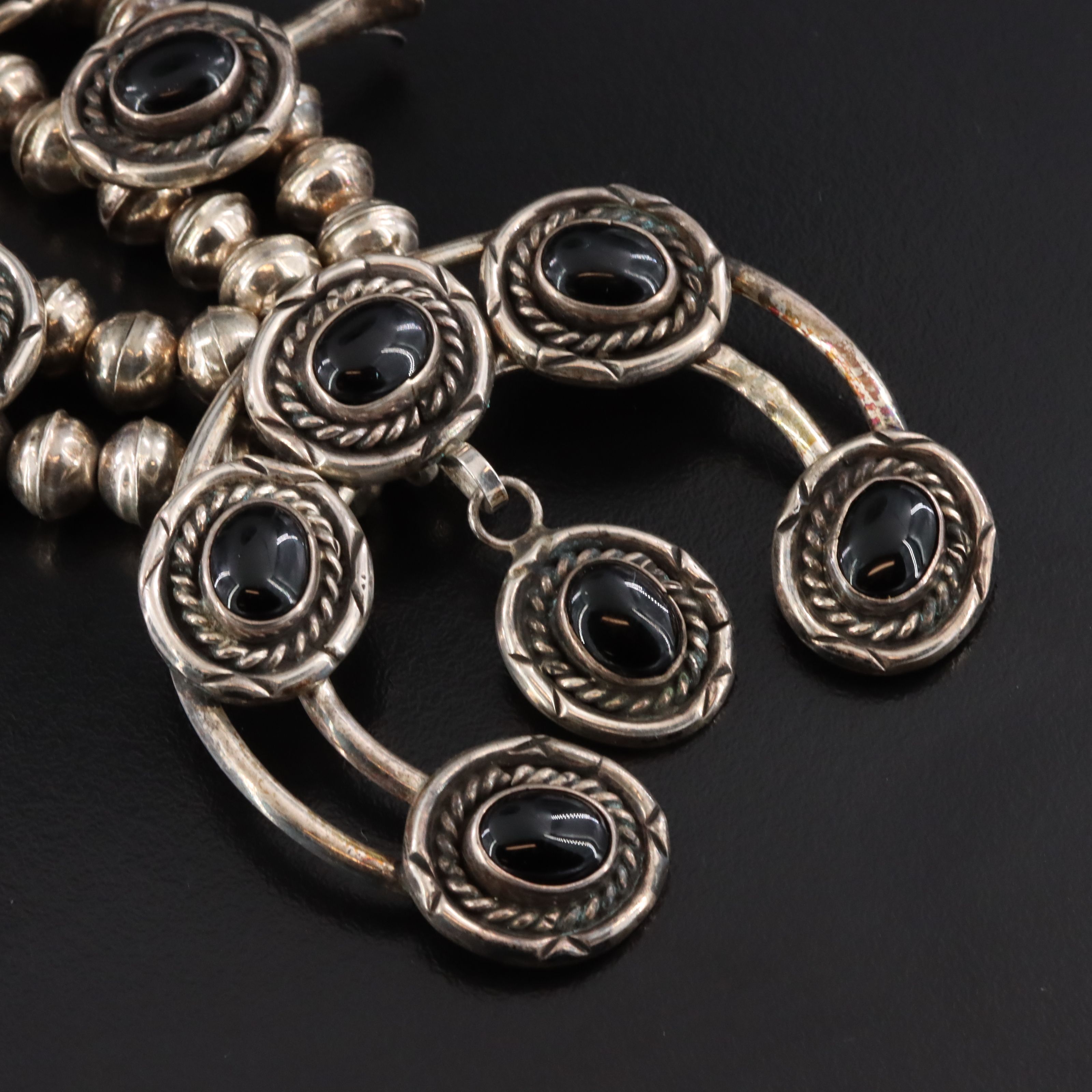 Southwestern Signed 800 Silver Black Onyx Squash Blossom Necklace