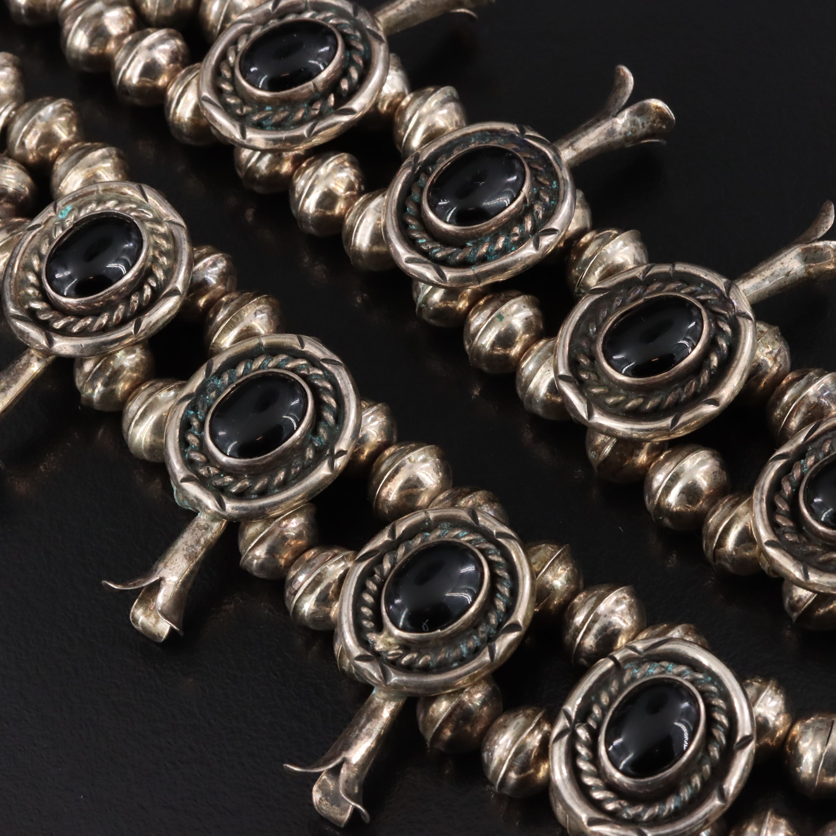 Southwestern Signed 800 Silver Black Onyx Squash Blossom Necklace