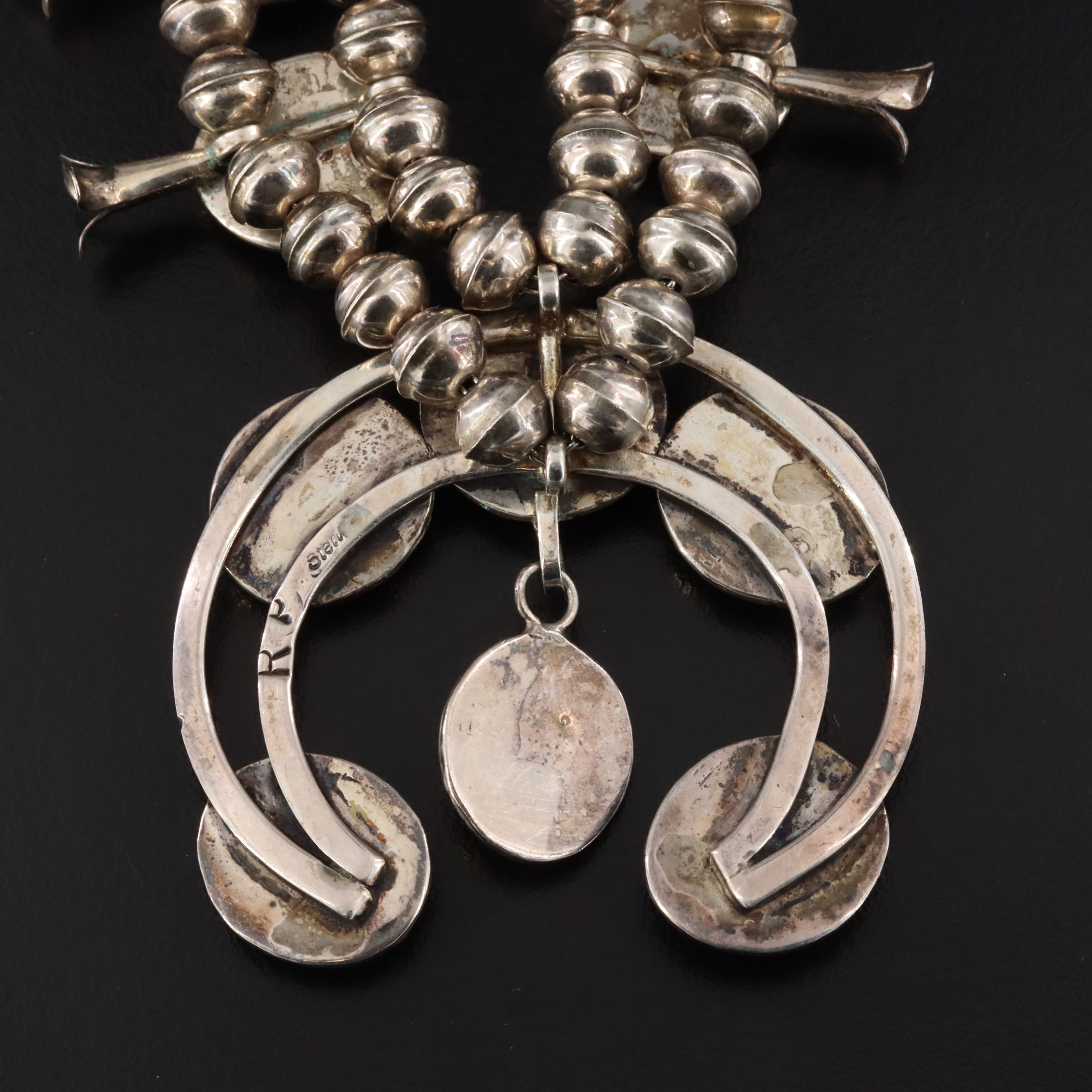 Southwestern Signed 800 Silver Black Onyx Squash Blossom Necklace