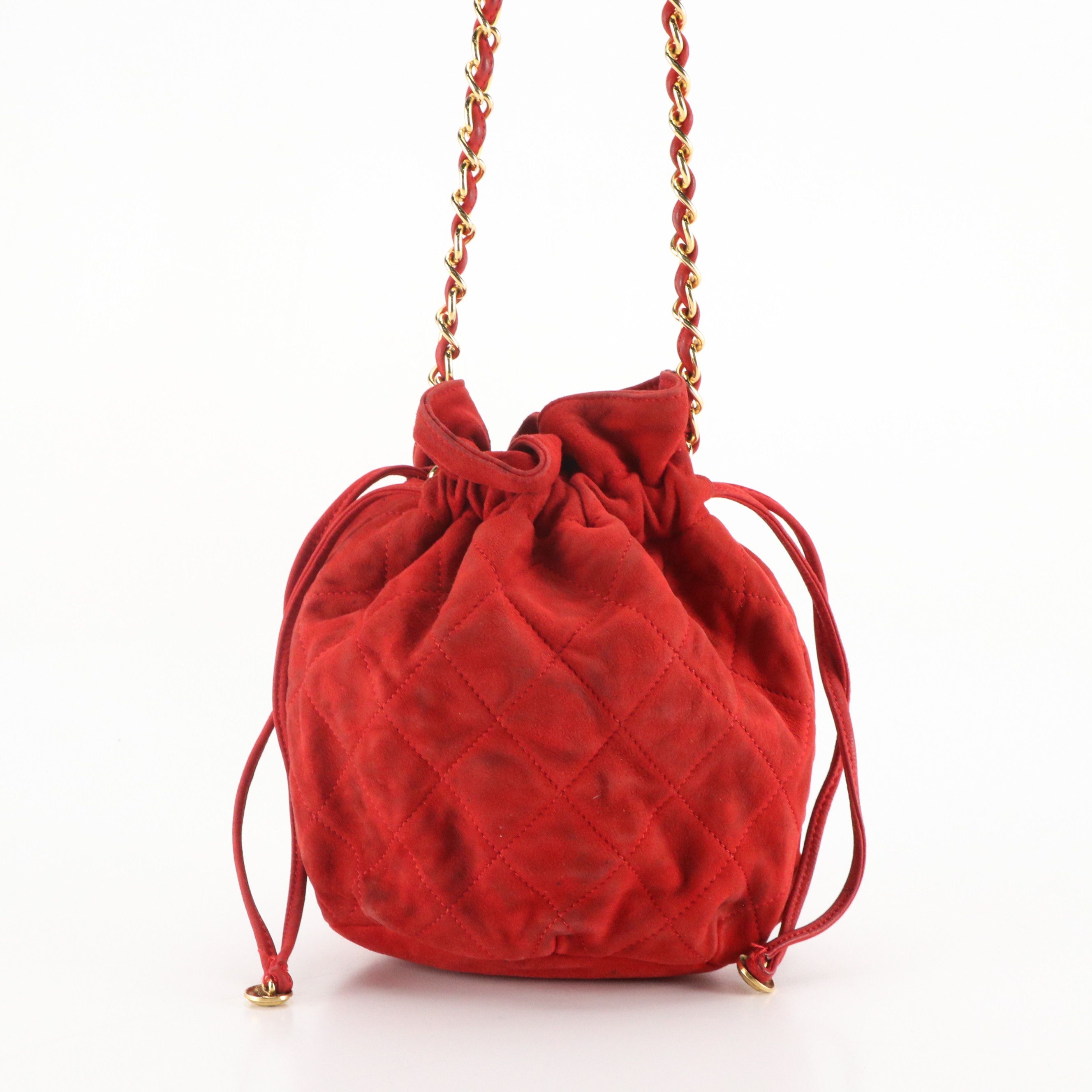 Chanel Quilted Red Suede Mini Drawstring Bucket Bag