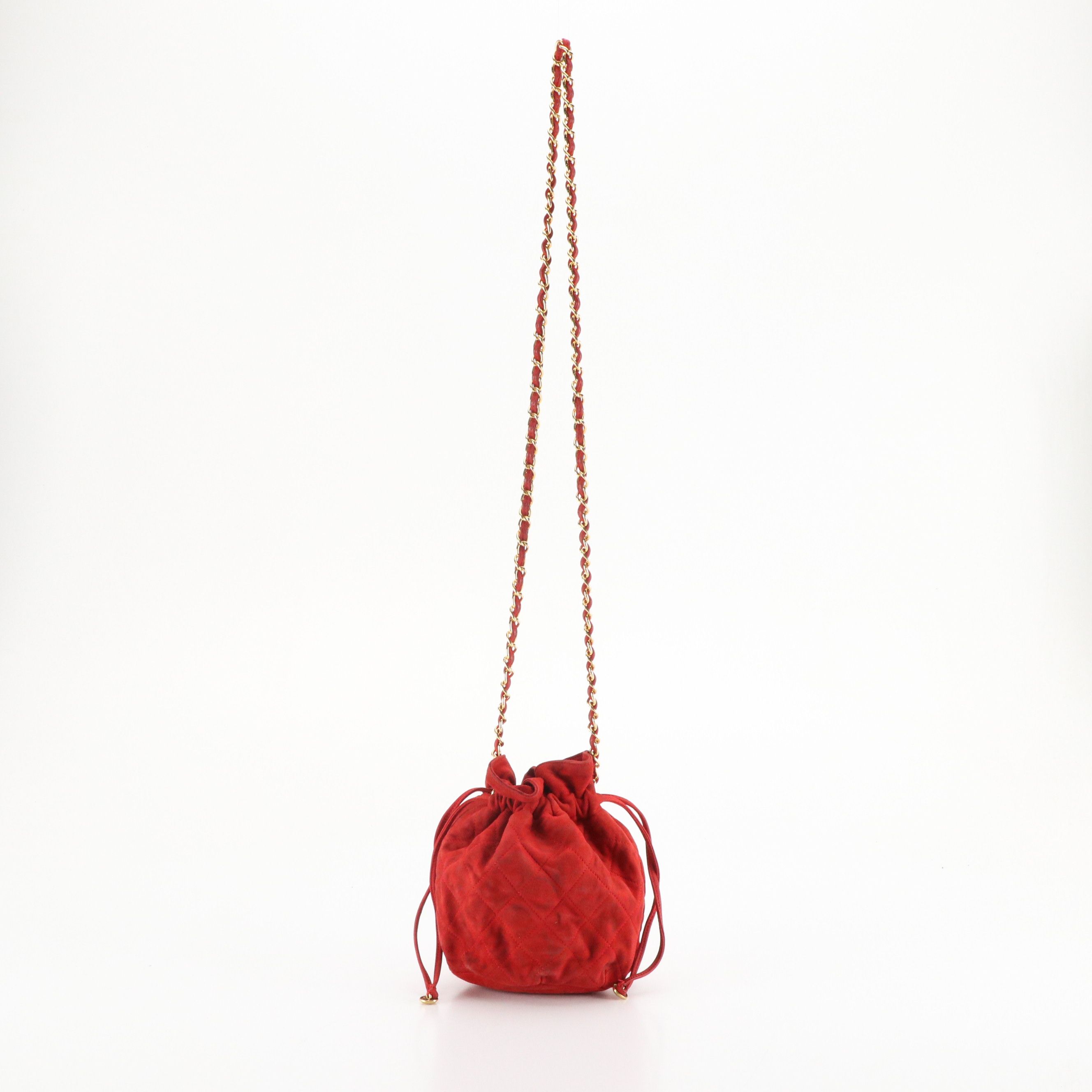 Chanel Quilted Red Suede Mini Drawstring Bucket Bag