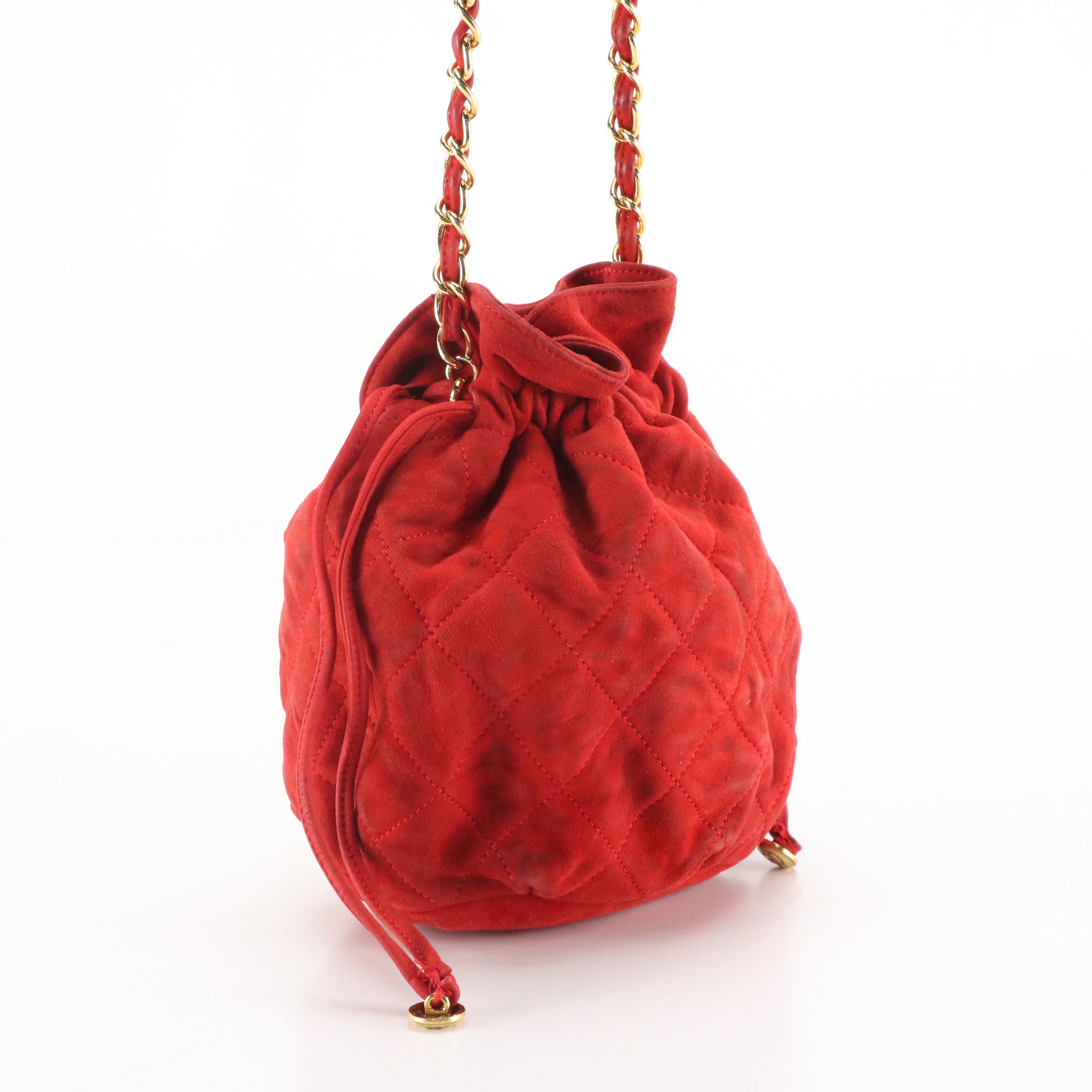 Chanel Quilted Red Suede Mini Drawstring Bucket Bag