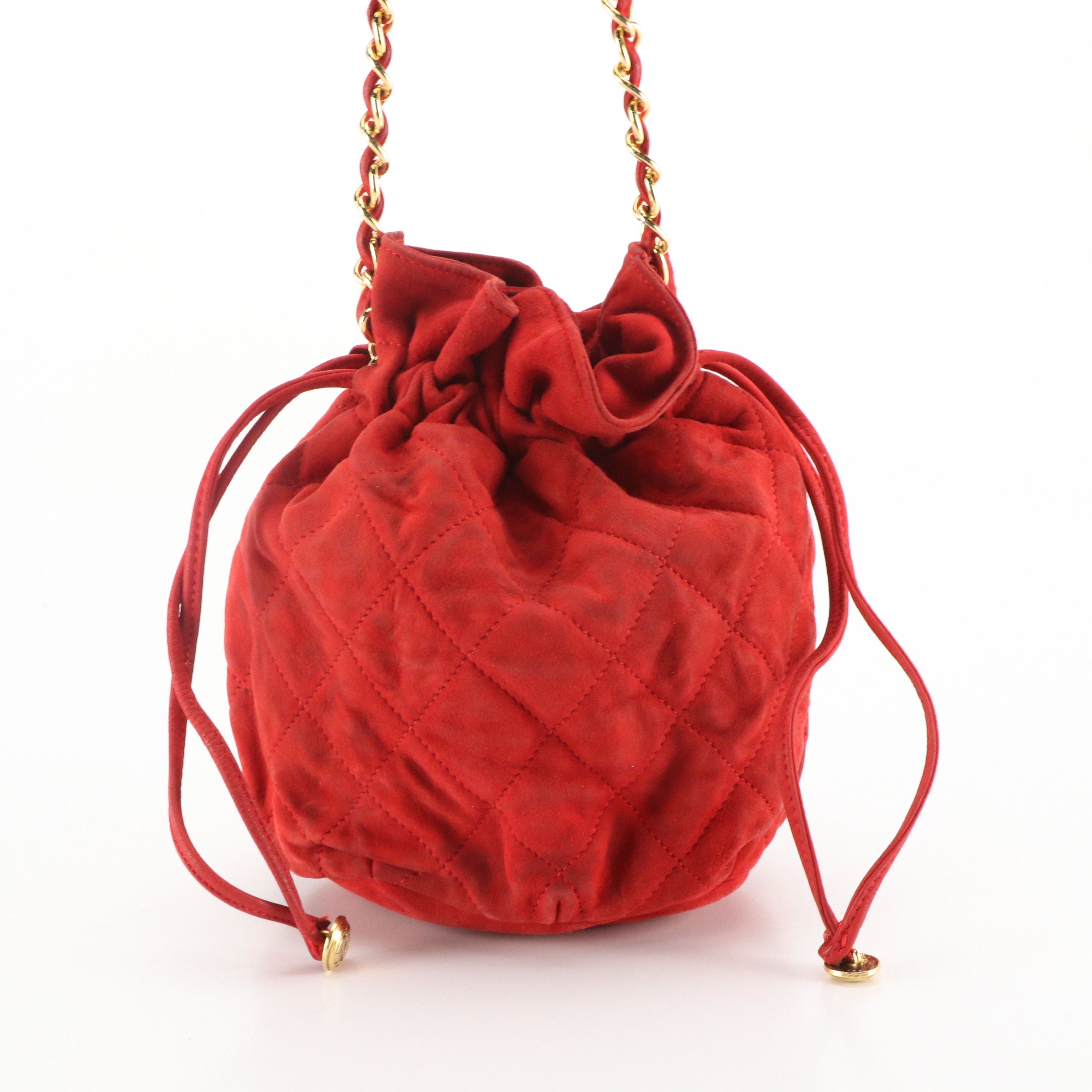 Chanel Quilted Red Suede Mini Drawstring Bucket Bag