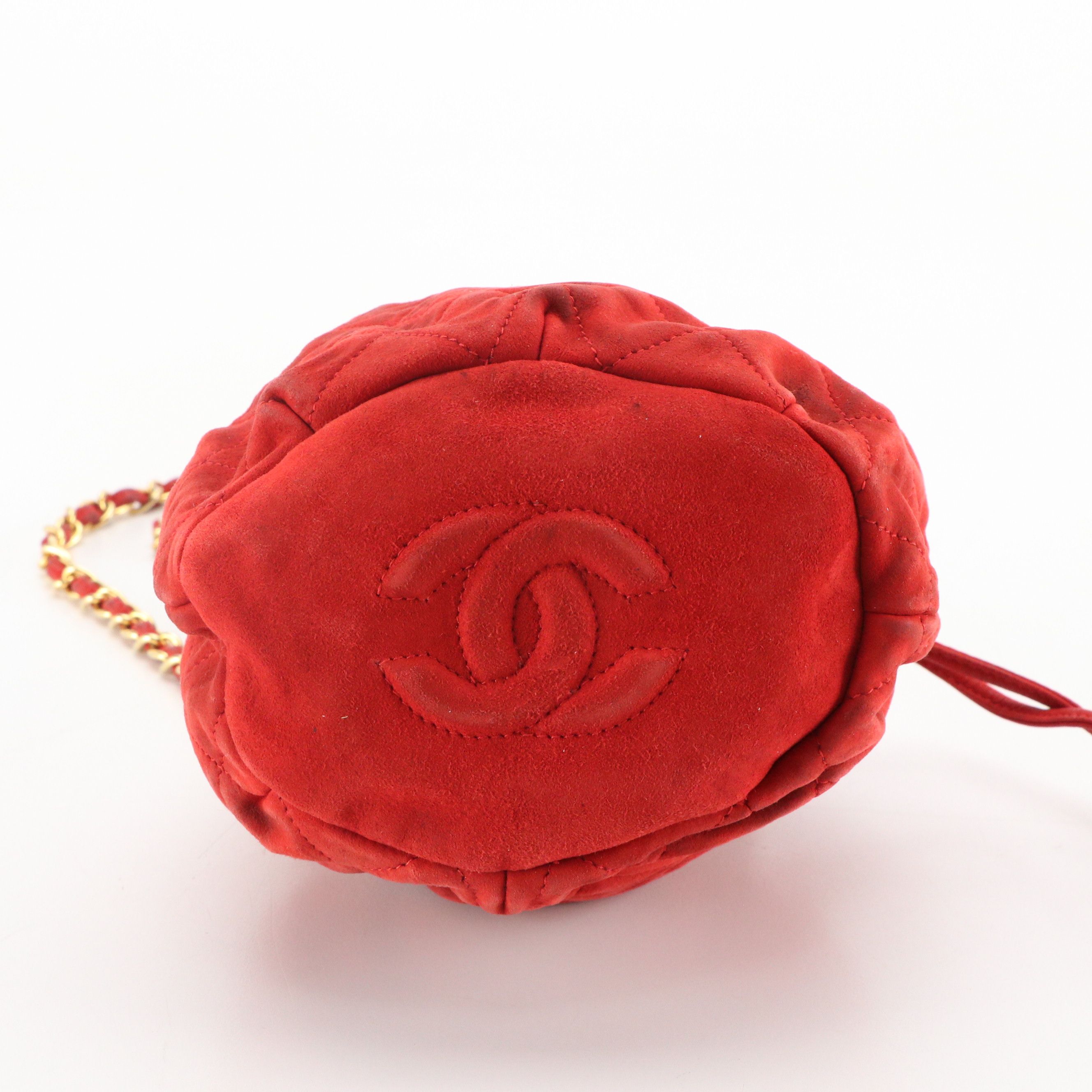 Chanel Quilted Red Suede Mini Drawstring Bucket Bag