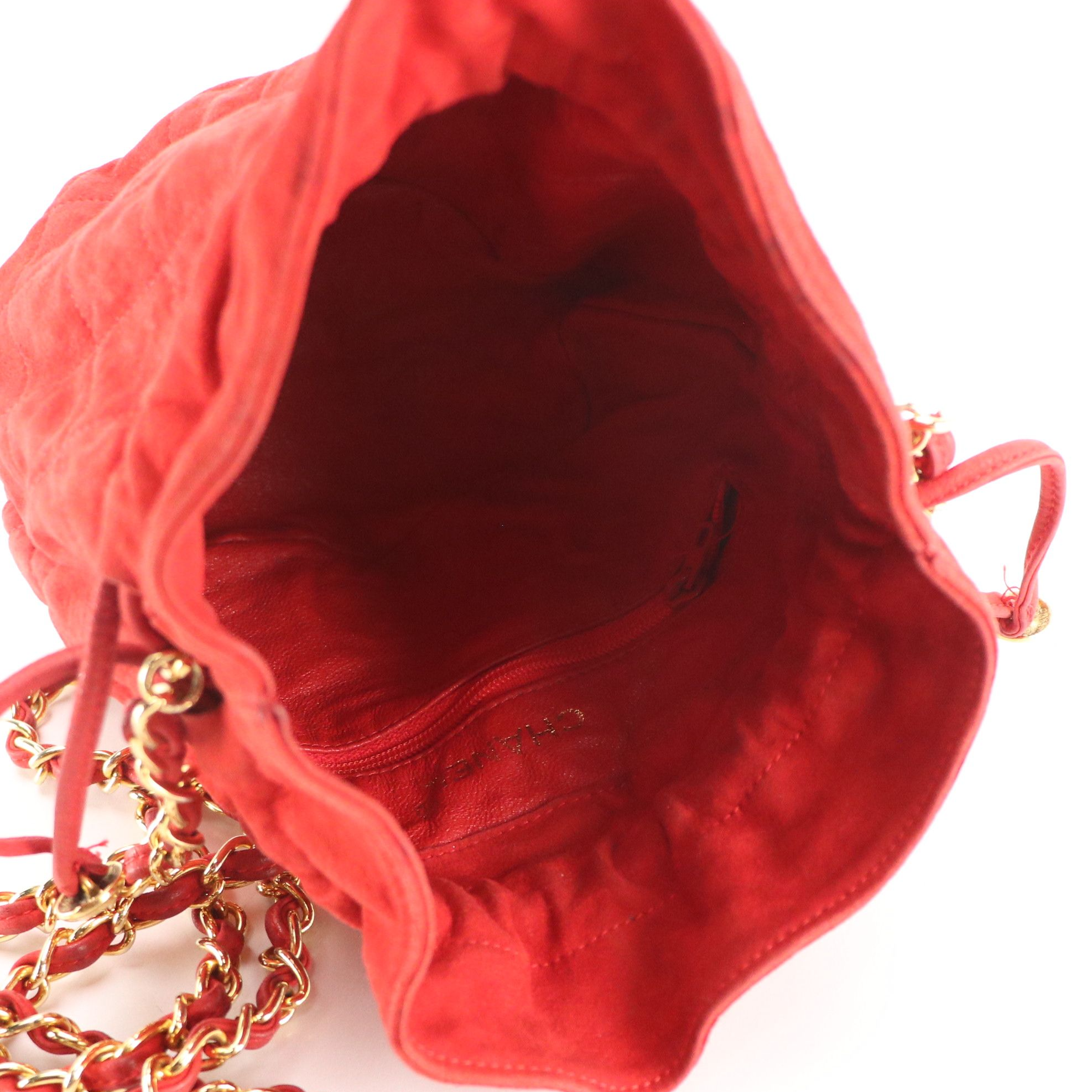 Chanel Quilted Red Suede Mini Drawstring Bucket Bag